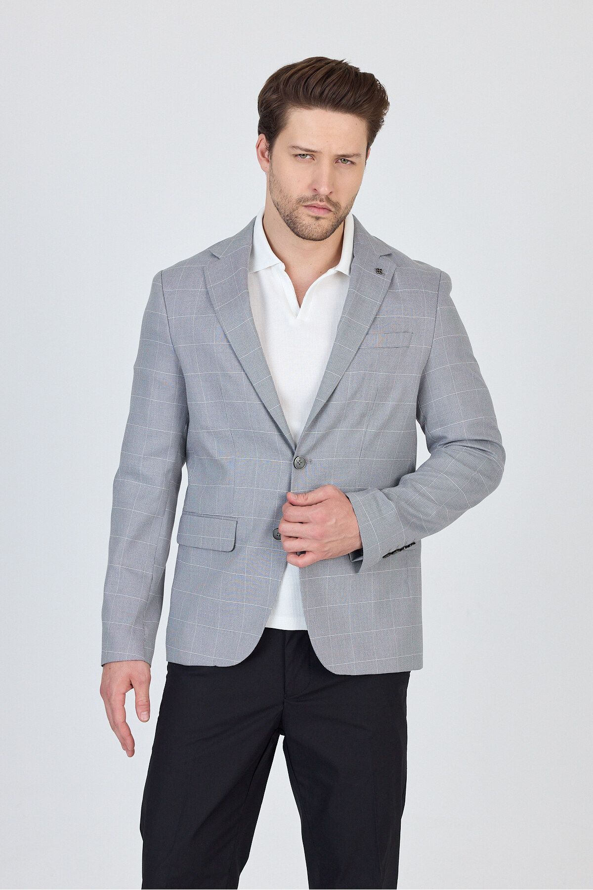 Frappoli Gerardo Erkek Gri Ekose Dokulu Poliviskon Kumaş Dar Kesim Slim Fit Spor Blazer Ceket