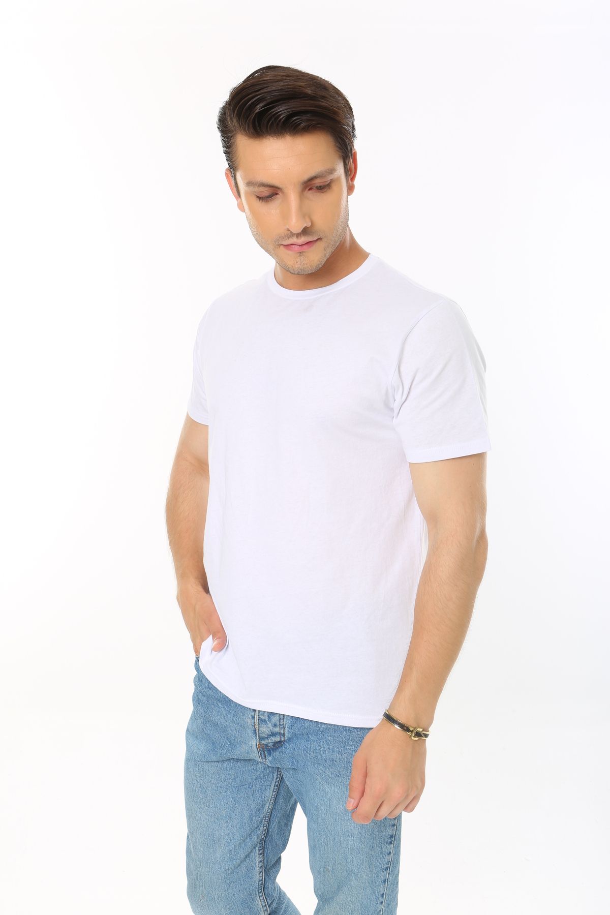 CHEISU Erkek Beyaz %100 Pamuk Regular Fit Bisiklet Yaka Kısa Kol Basic T-shirt