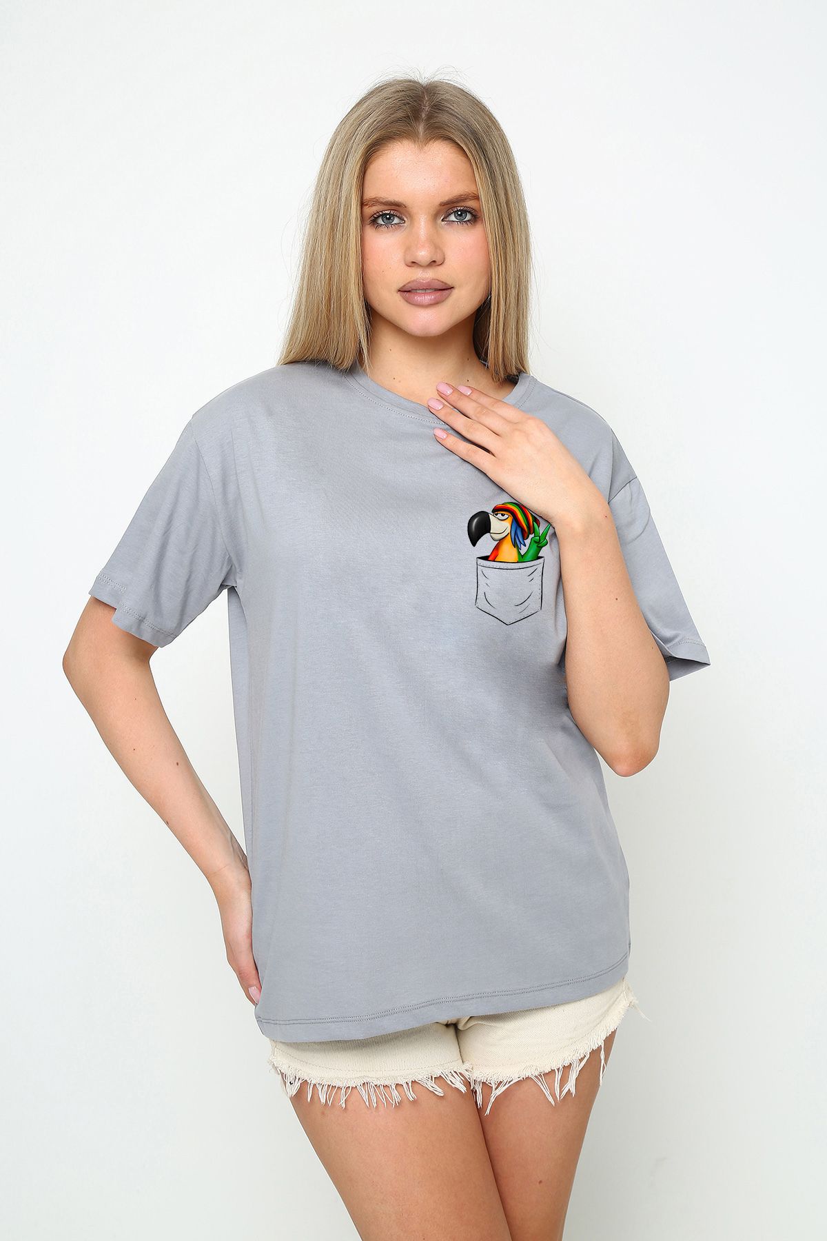 vikitekno oversize cep renkli kuş baskılı kadın t-shirt