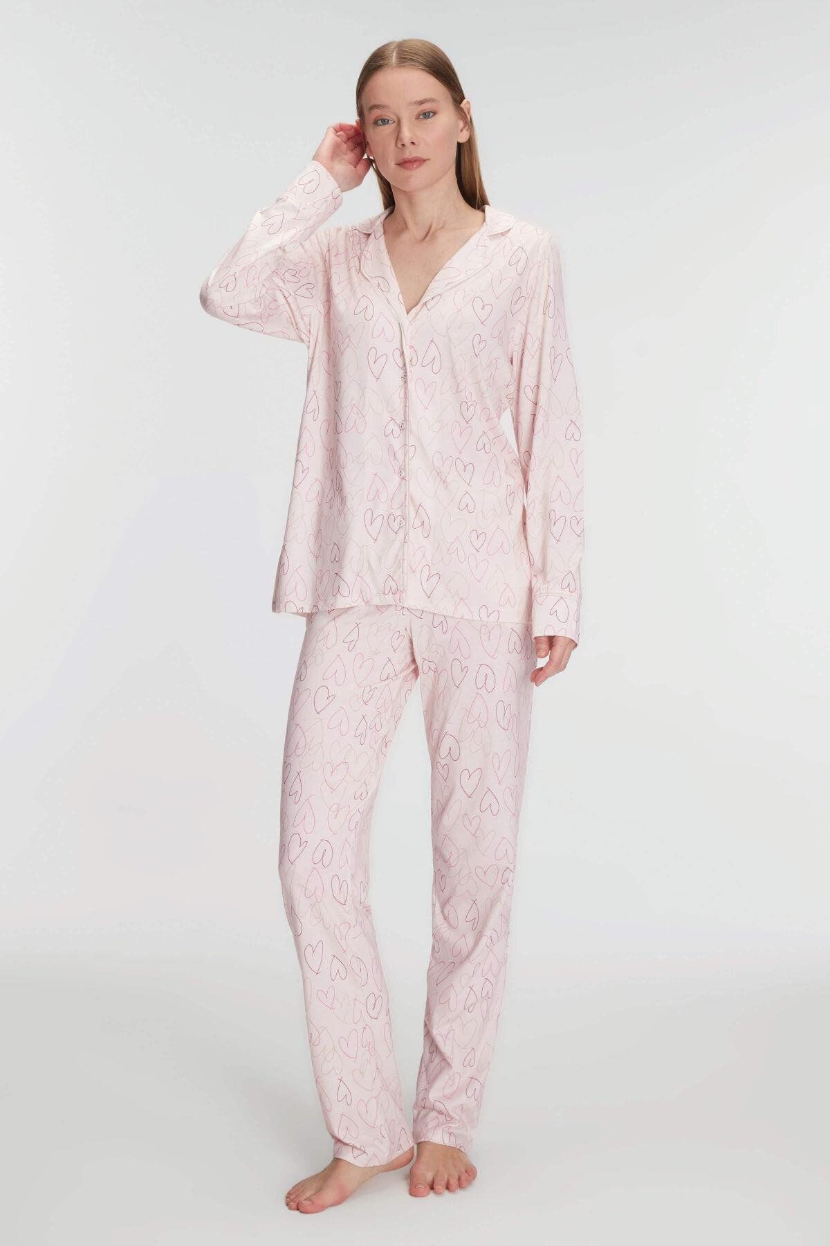 Motto10butik Uzun Kol Pamuklu Modal Gömlek ve Pantolon Takım Pijama Takımı