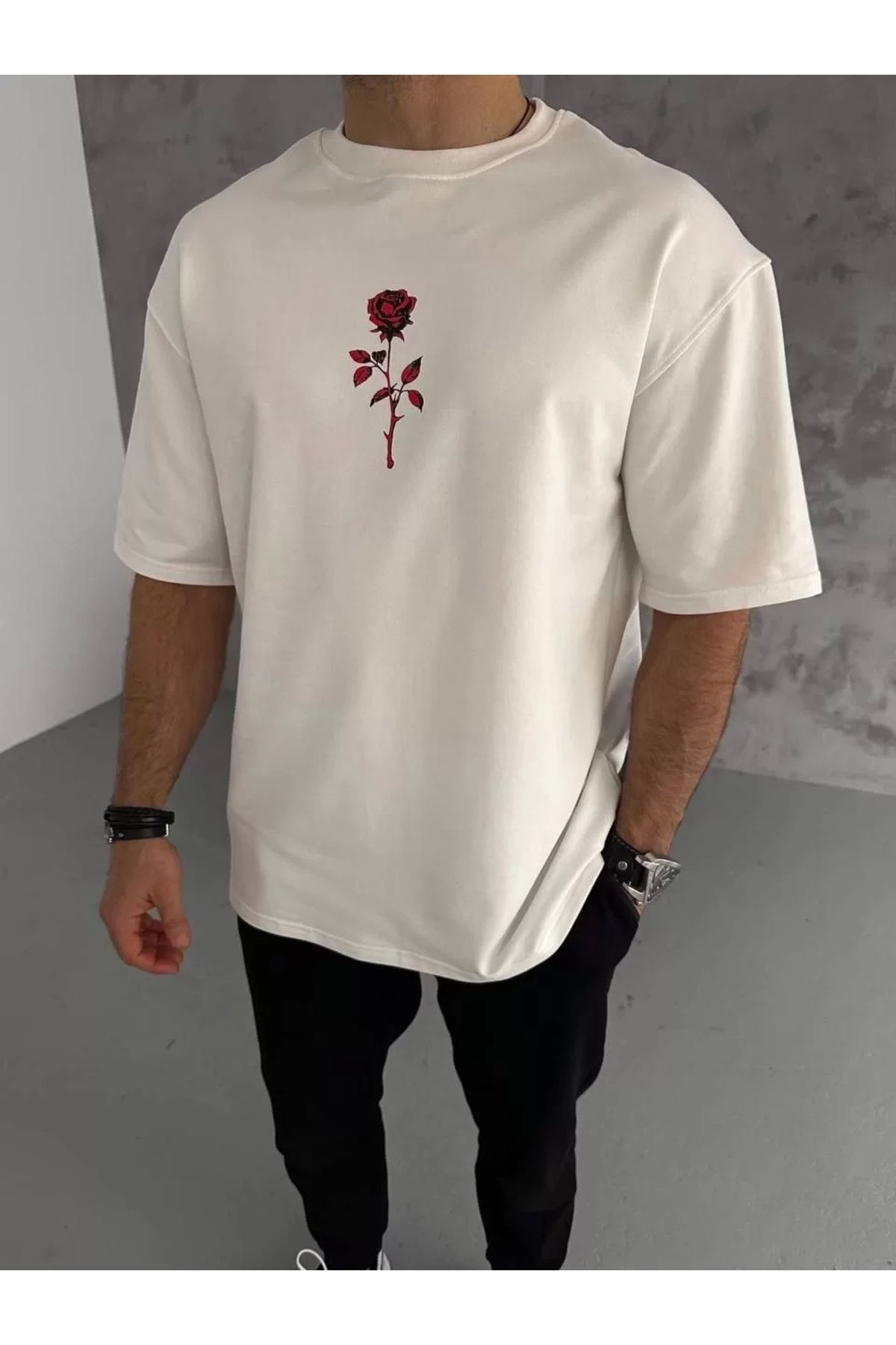 Robahood Unisex Bisiklet Yaka Baskılı Oversize T-Shirt - Beyaz