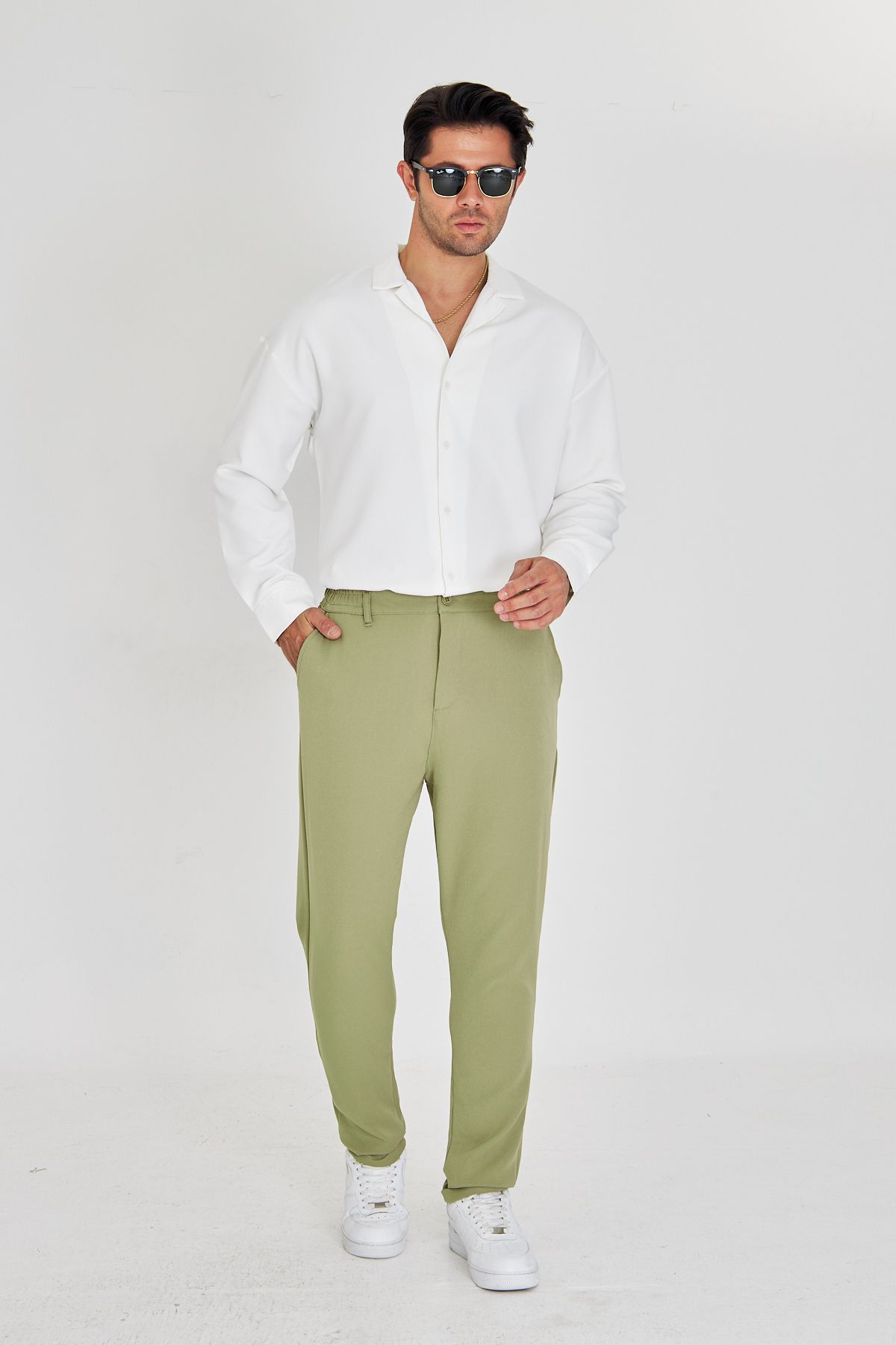 masso moda Erkek Bel Yarım Lastikli Kemerli Double Paça Dabıl Face Kumaş Slim Fit Pantolon