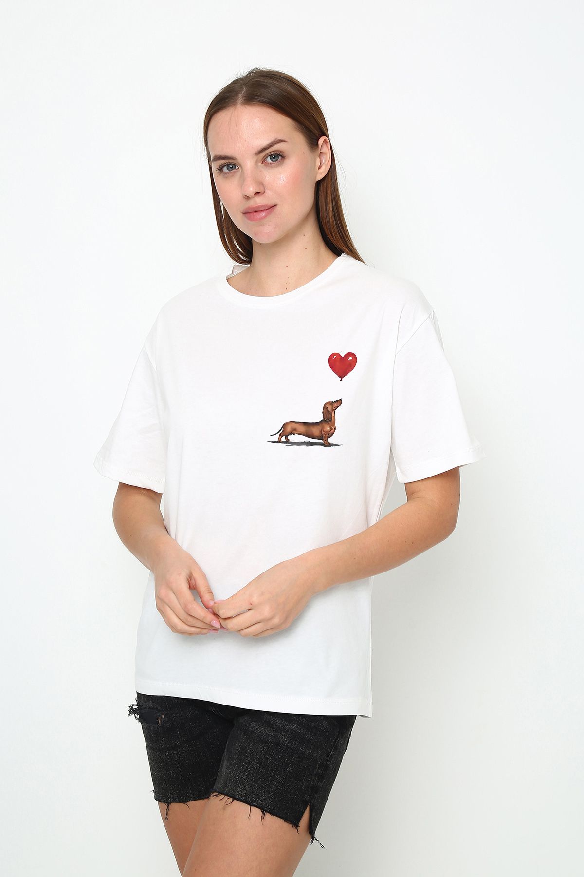 vikitekno oversize kalpli köpek baskılı kadın t-shirt