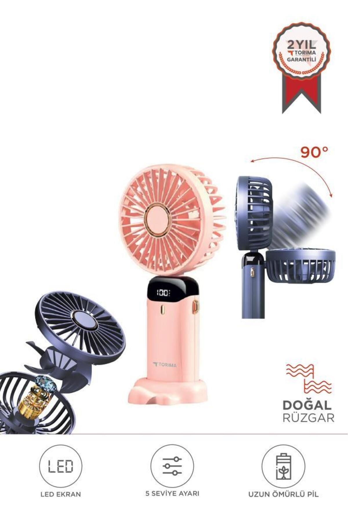 Torima F-19 Pembe Dijital Ekranlı Şarjlı 90 Derece Ayarlanabilir Başlıklı Mini Masa Fan Vantilatör