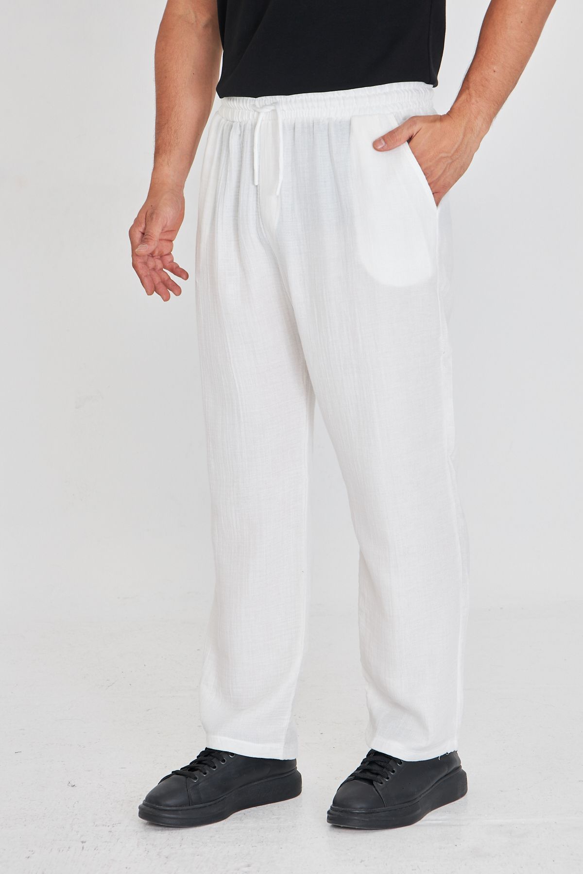 masso moda Erkek Baggy Müslin Keten Bel Bağcıklı Lastikli Düz Paça Pantolon