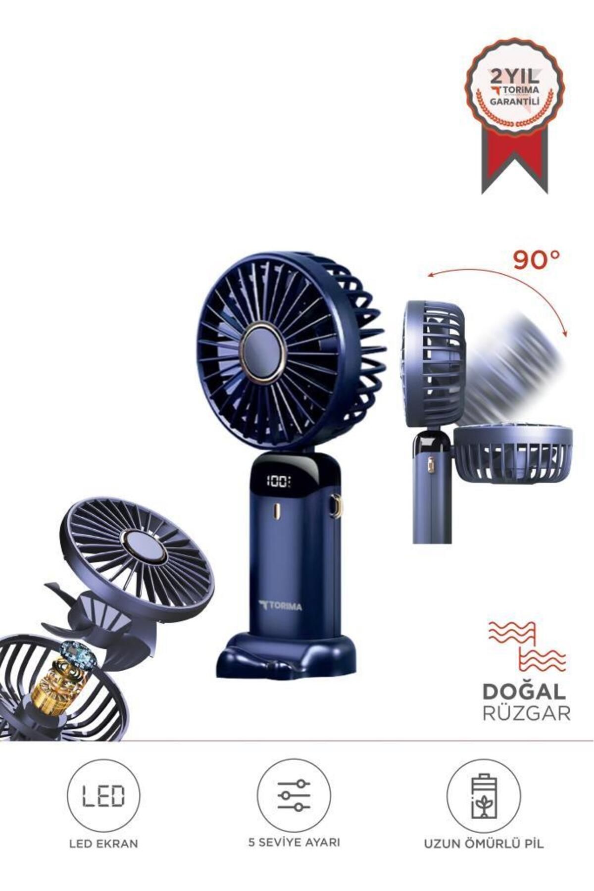 Torima F-19 Lacivert Dijital Ekranlı Şarjlı 90 Derece Ayarlanabilir Başlıklı Mini Masa Fan Vantilatö