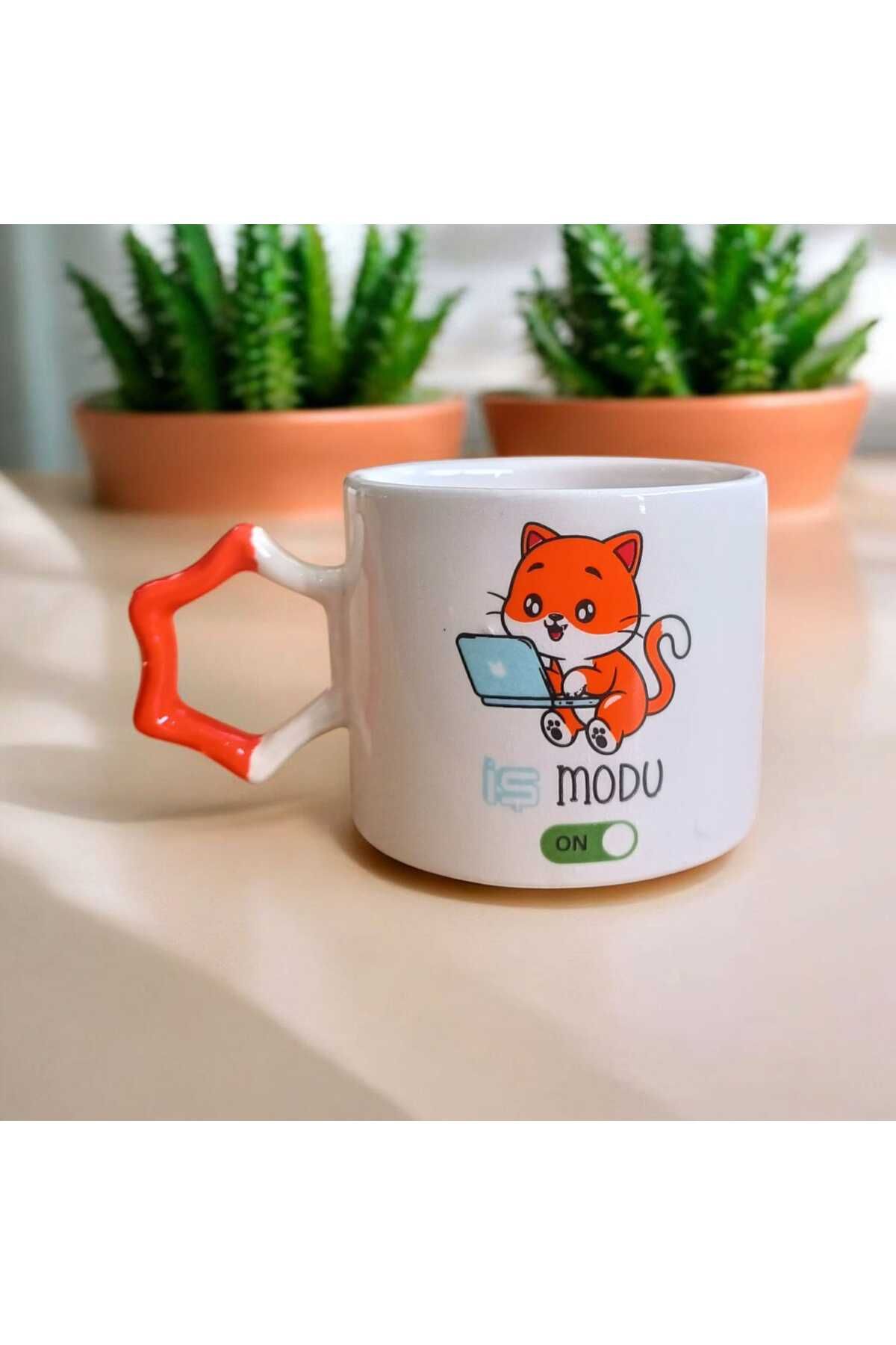 Simge Seramik İş Modu Çift Taraf Baskılı Yıldız Kulplu El Yapımı Doğal Seramik Mug Kupa Çay Cappuccino Fincanı