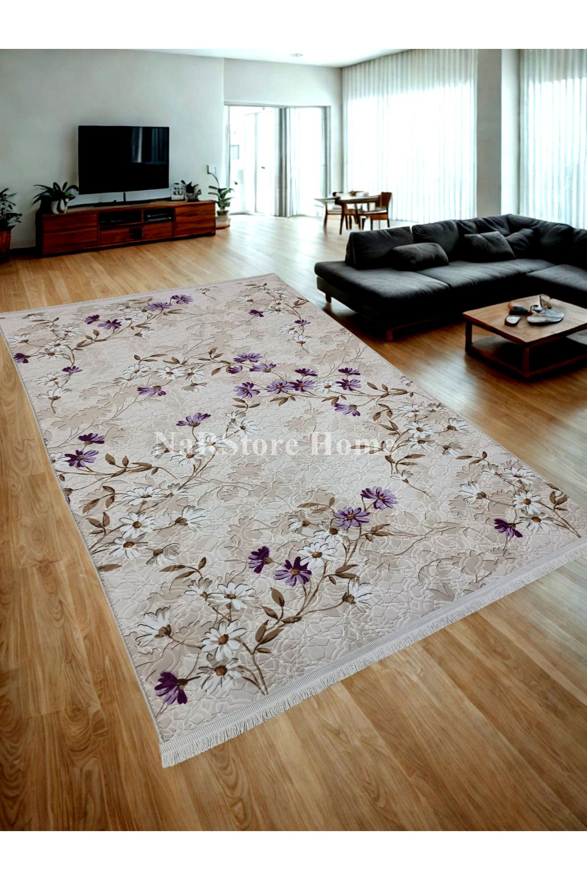 NaRStore Home ELİT SAÇAKLI LİLA KAHVE ÇİÇEKLİ KABARTMALI KAYMAZ TABAN YIKANABİLİR KESME YOLLUK HALI