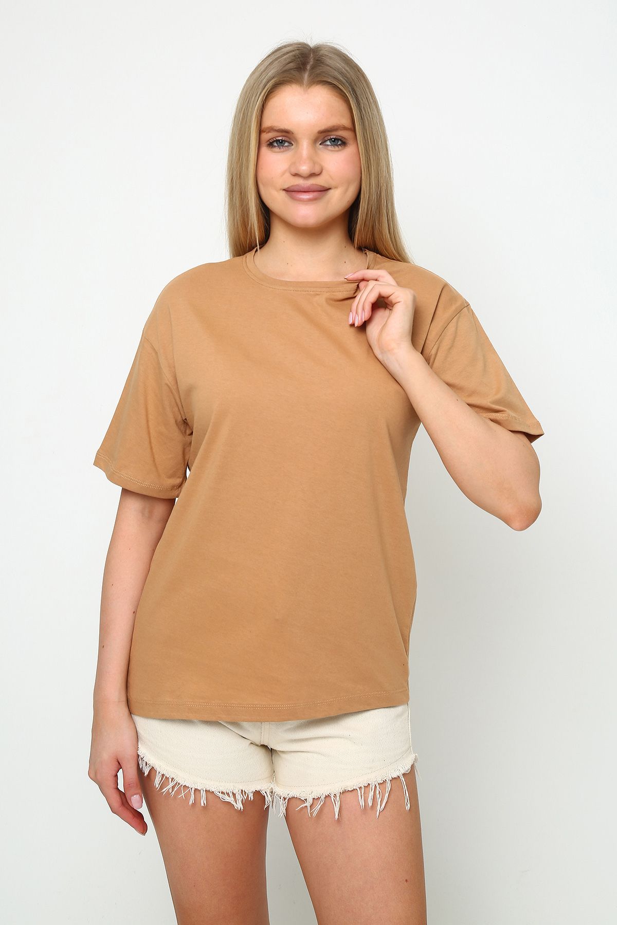 vikitekno oversize düz baskısız bisiklet yaka kadın t-shirt