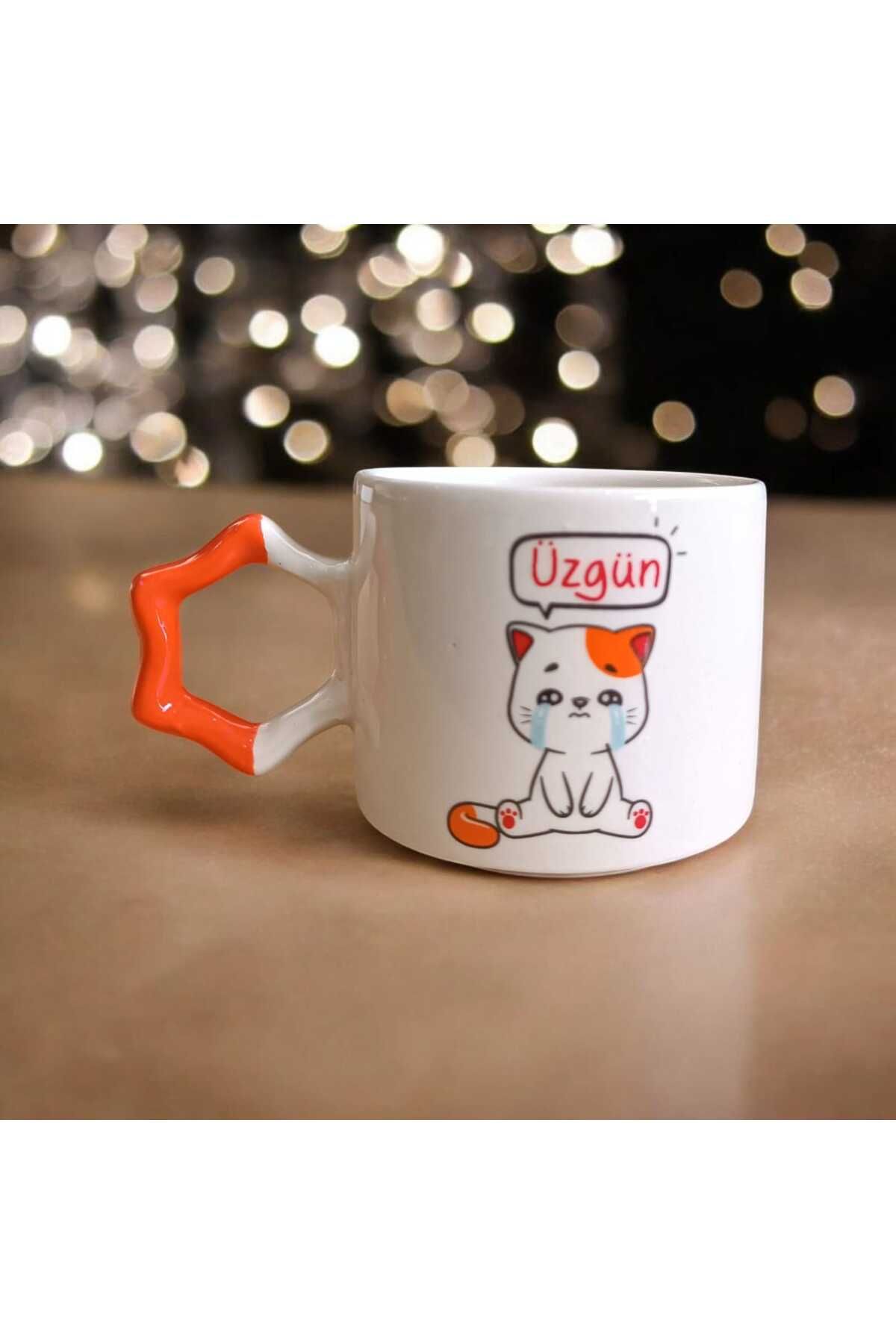 Simge Seramik Üzgün Mod Çift Taraf Baskılı Yıldız Kulplu El Yapımı Doğal Seramik Mug Kupa Çay Fincanı