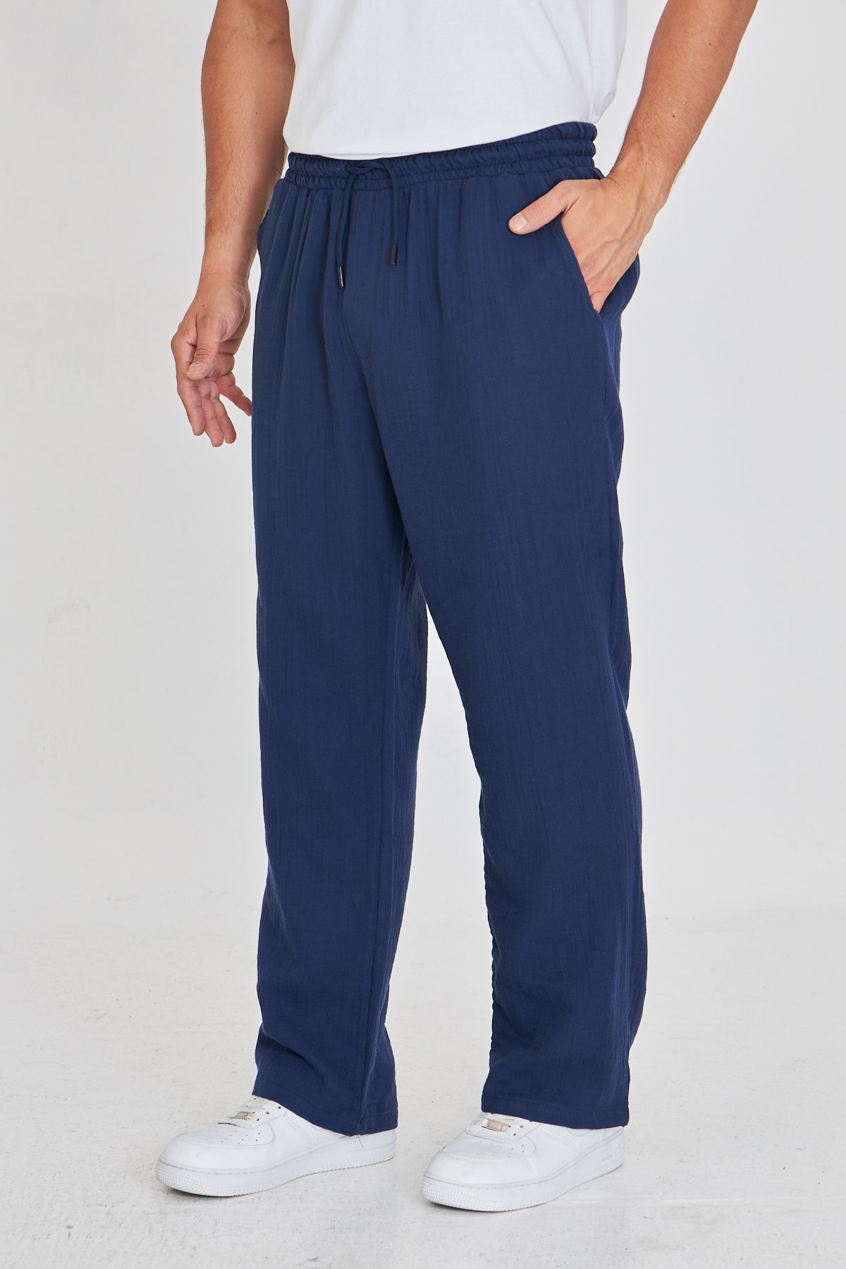 masso moda Erkek Baggy Müslin Keten Bel Bağcıklı Lastikli Düz Paça Pantolon