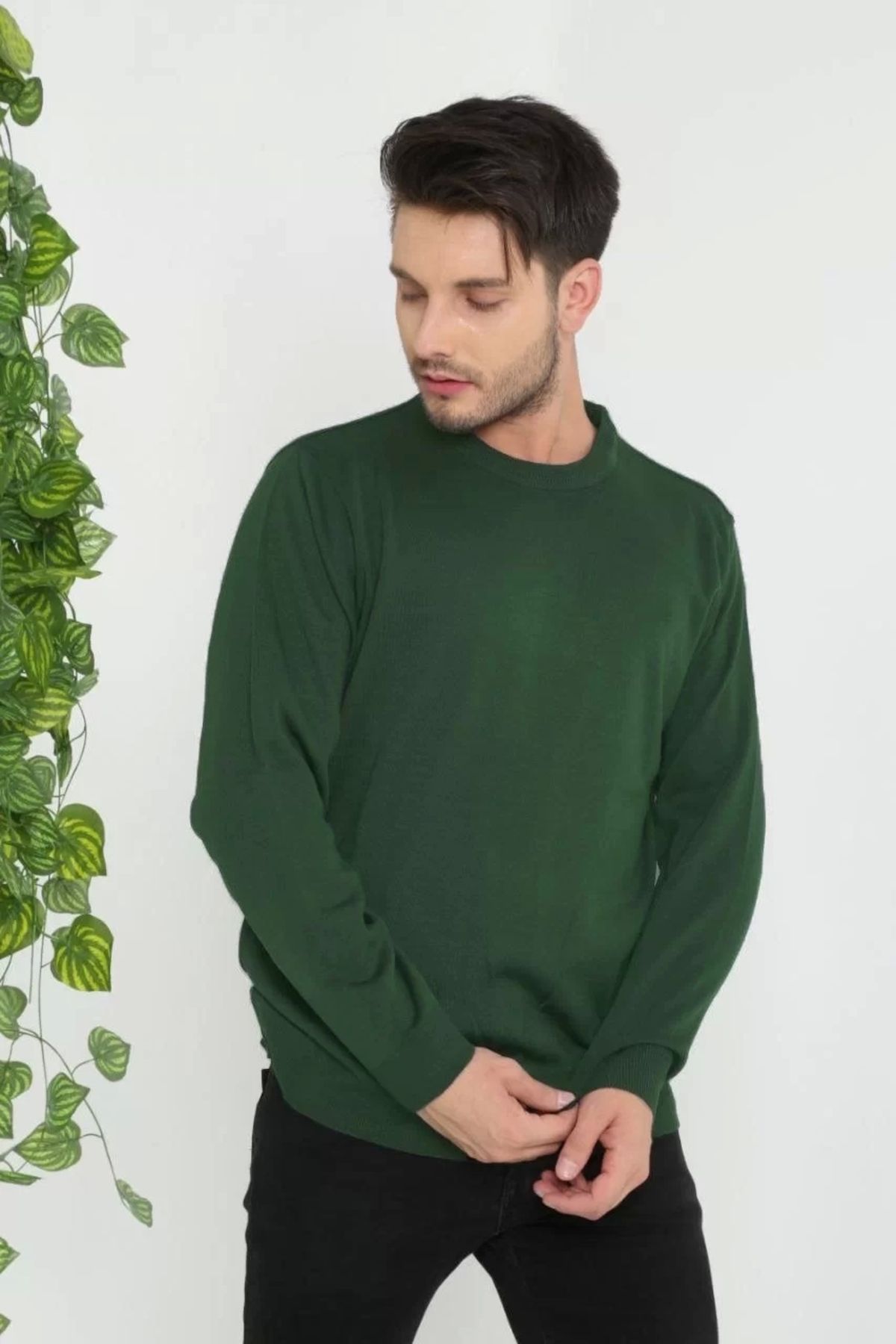 Robahood Unisex Uzun Kol Biskilet Yaka Dokuma Triko - Haki