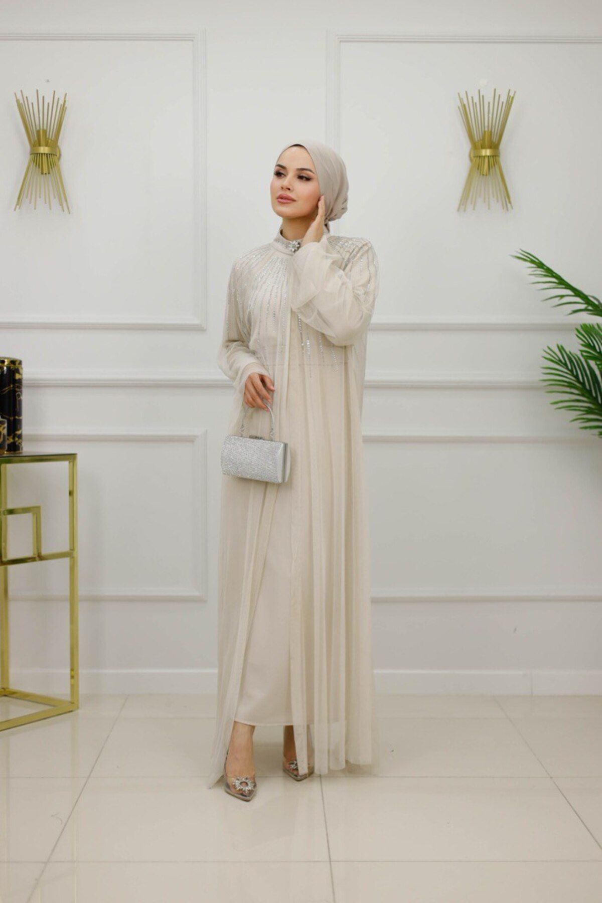 Enans Design Kadın Tesettür Abiye Elbise Taş Detaylı