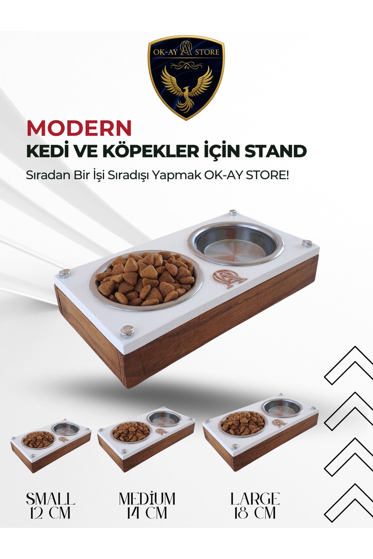 Okay Kedi Köpek Mama ve Su Kabı Standı – Ahşap Gövde, Paslanmaz Çelik Kaseli, Kaymaz Tabanlı