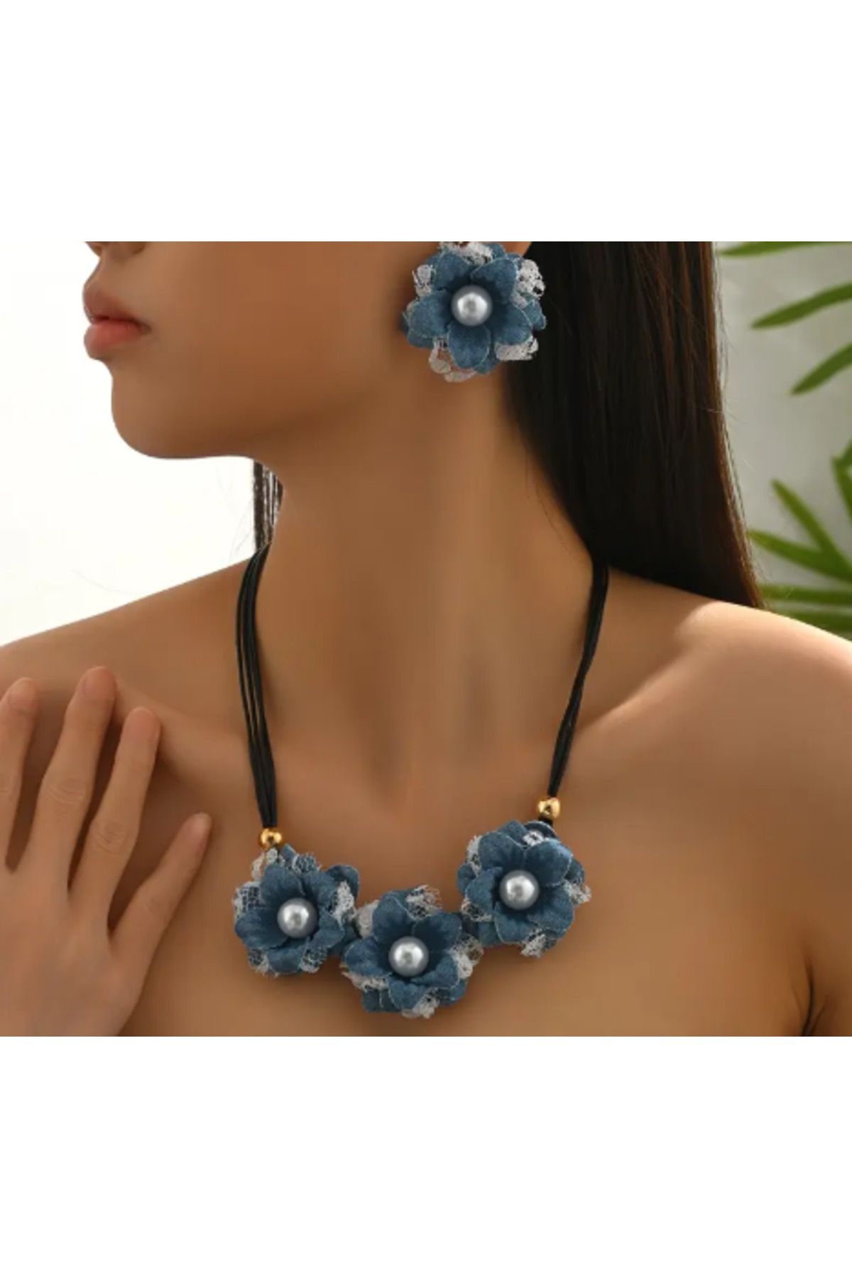 SE Jewellery Collection Selin Ersoy Kumaş Çiçek Detaylı İncili Kolye Küpe Seti