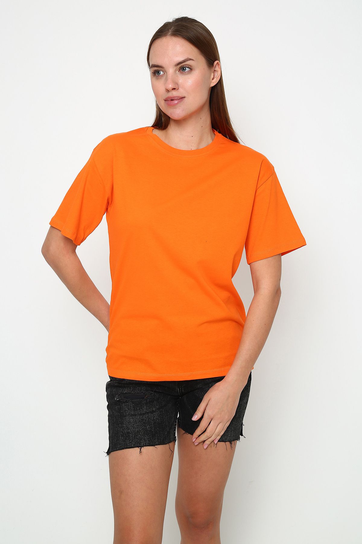 vikitekno oversize düz baskısız bisiklet yaka kadın t-shirt