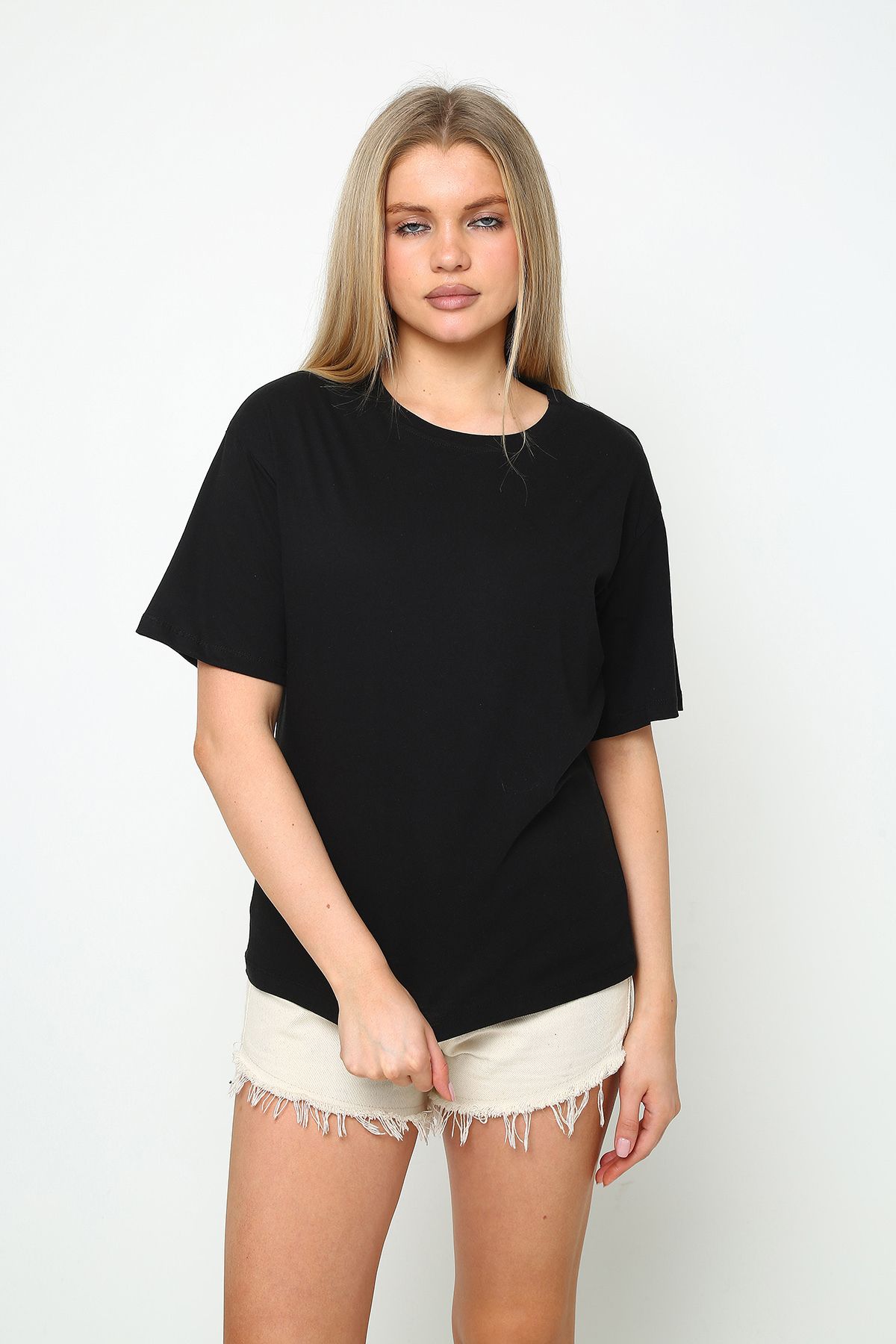 vikitekno oversize düz baskısız bisiklet yaka kadın t-shirt