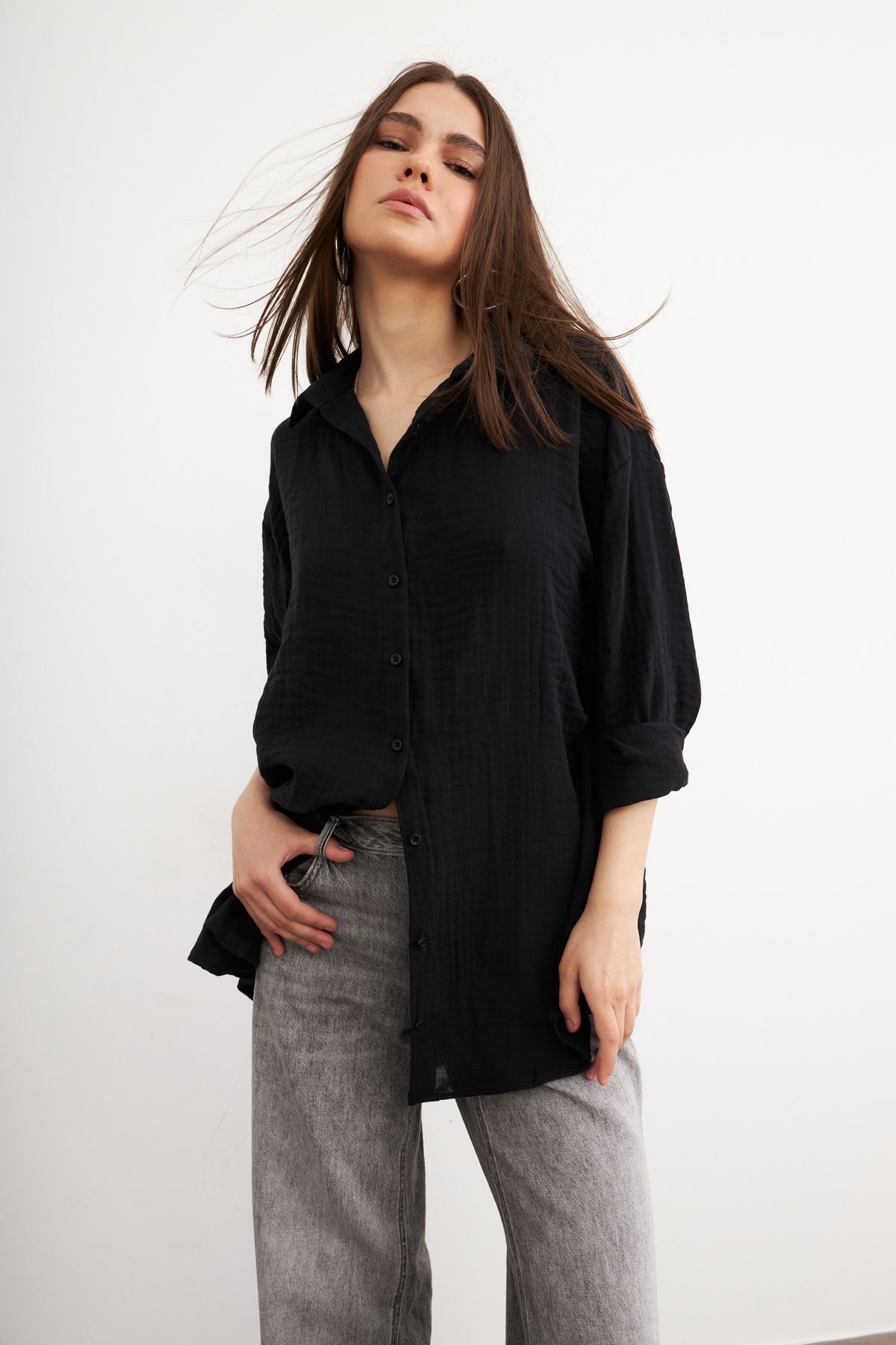 Yefrastore Oversize Basic Müslin Gömlek SİYAH