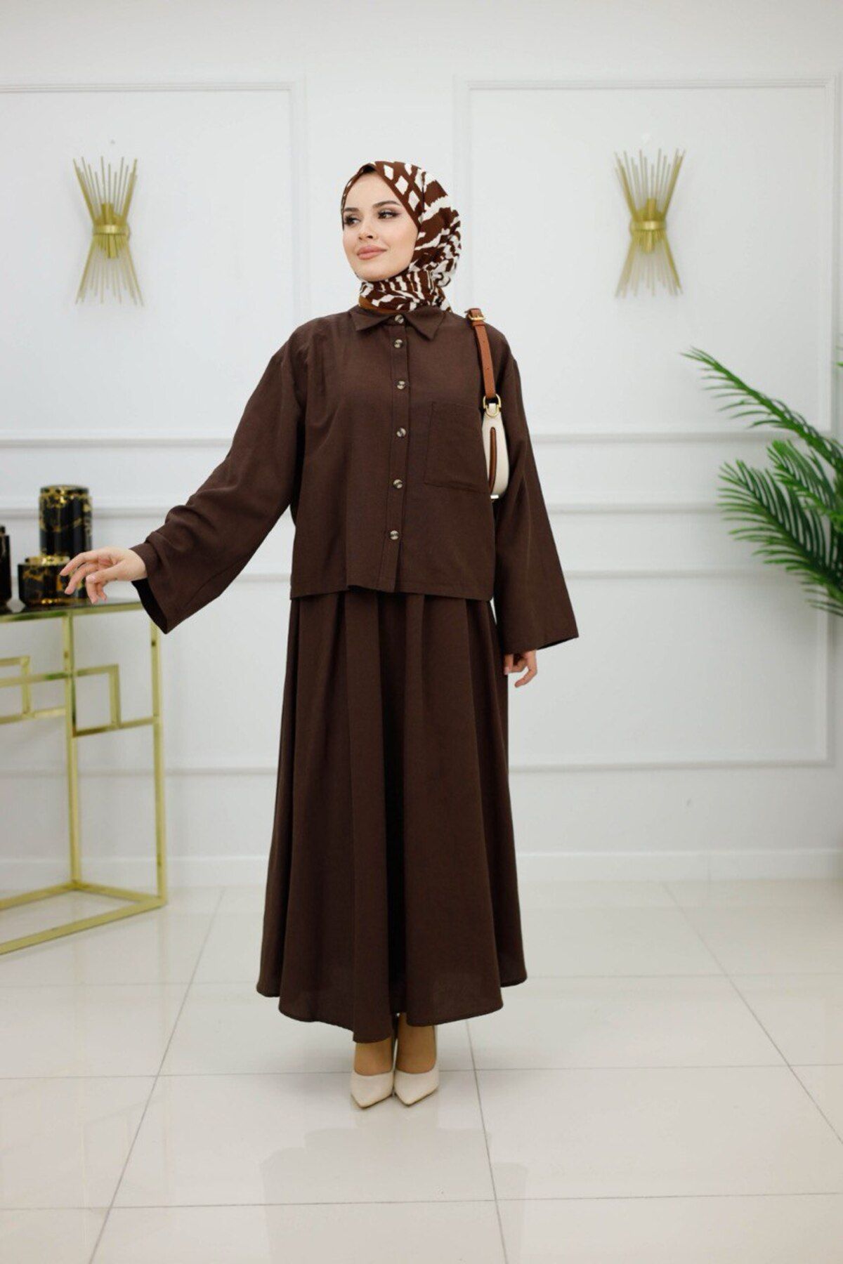 Enans Design Kadın Tesettür 2'Li Takım Keten Gömlek & Etek