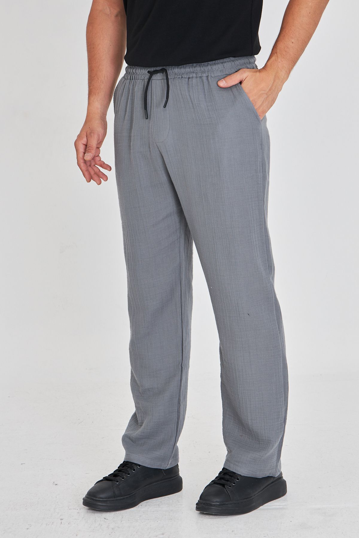 masso moda Erkek Baggy Müslin Keten Bel Bağcıklı Lastikli Düz Paça Pantolon