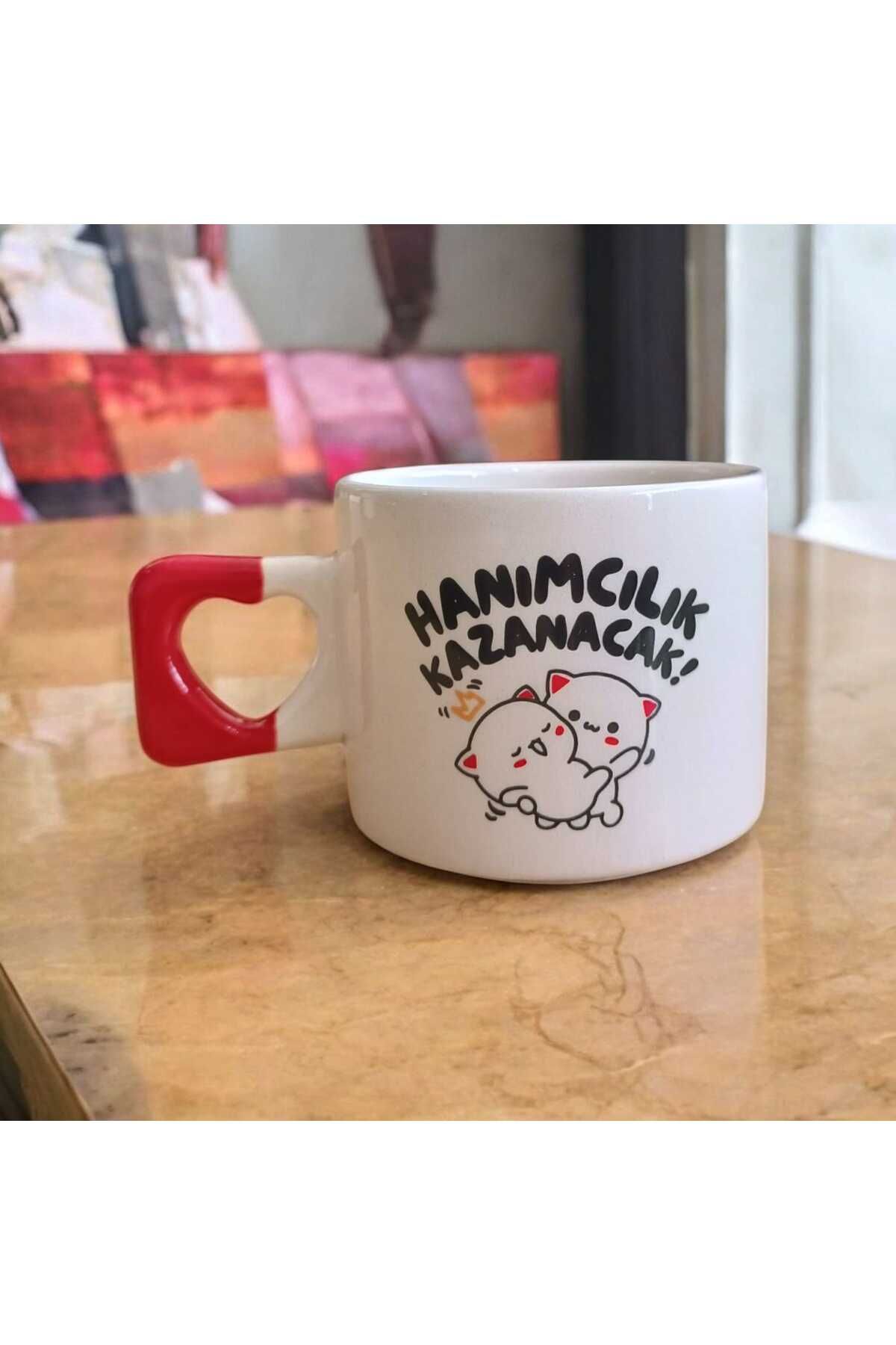 Simge Seramik Hanımcılık Kazanacak Çift Taraf Baskılı Kalp Kulplu El Yapımı Doğal Seramik Mug Kupa Çay Fincanı
