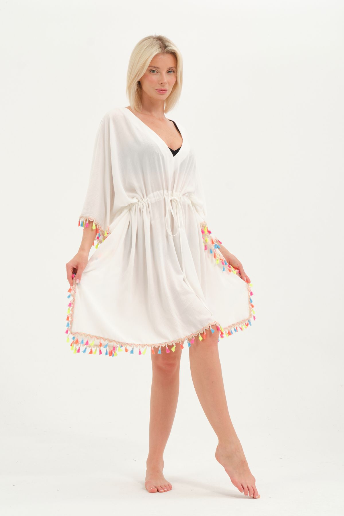 eva clothing Kadın BeyazBelden Bagcıklı Püsküllü Pareo