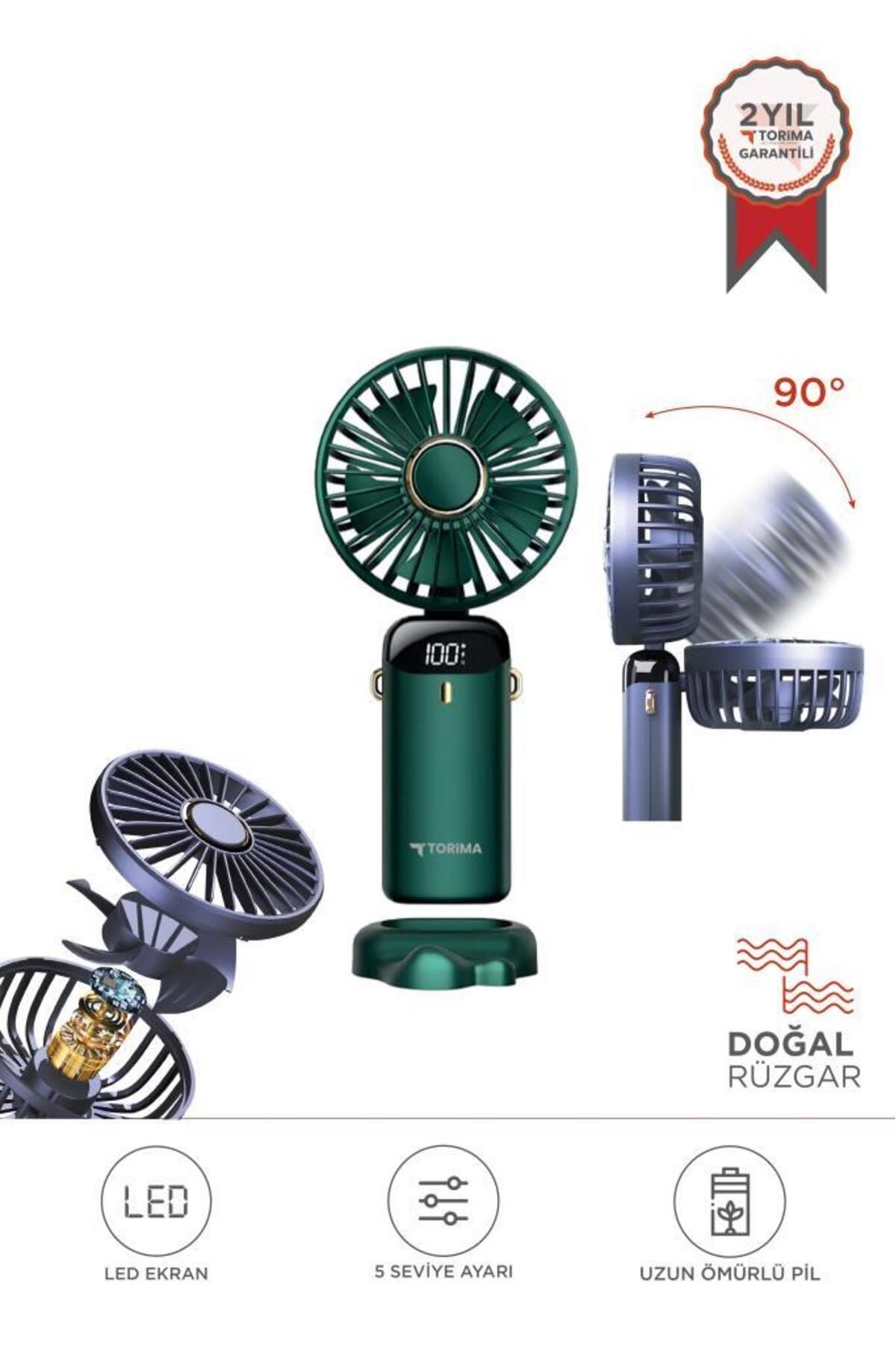 Torima F-19 Yeşil Dijital Ekranlı Şarjlı 90 Derece Ayarlanabilir Başlıklı Mini Masa Fan Vantilatör