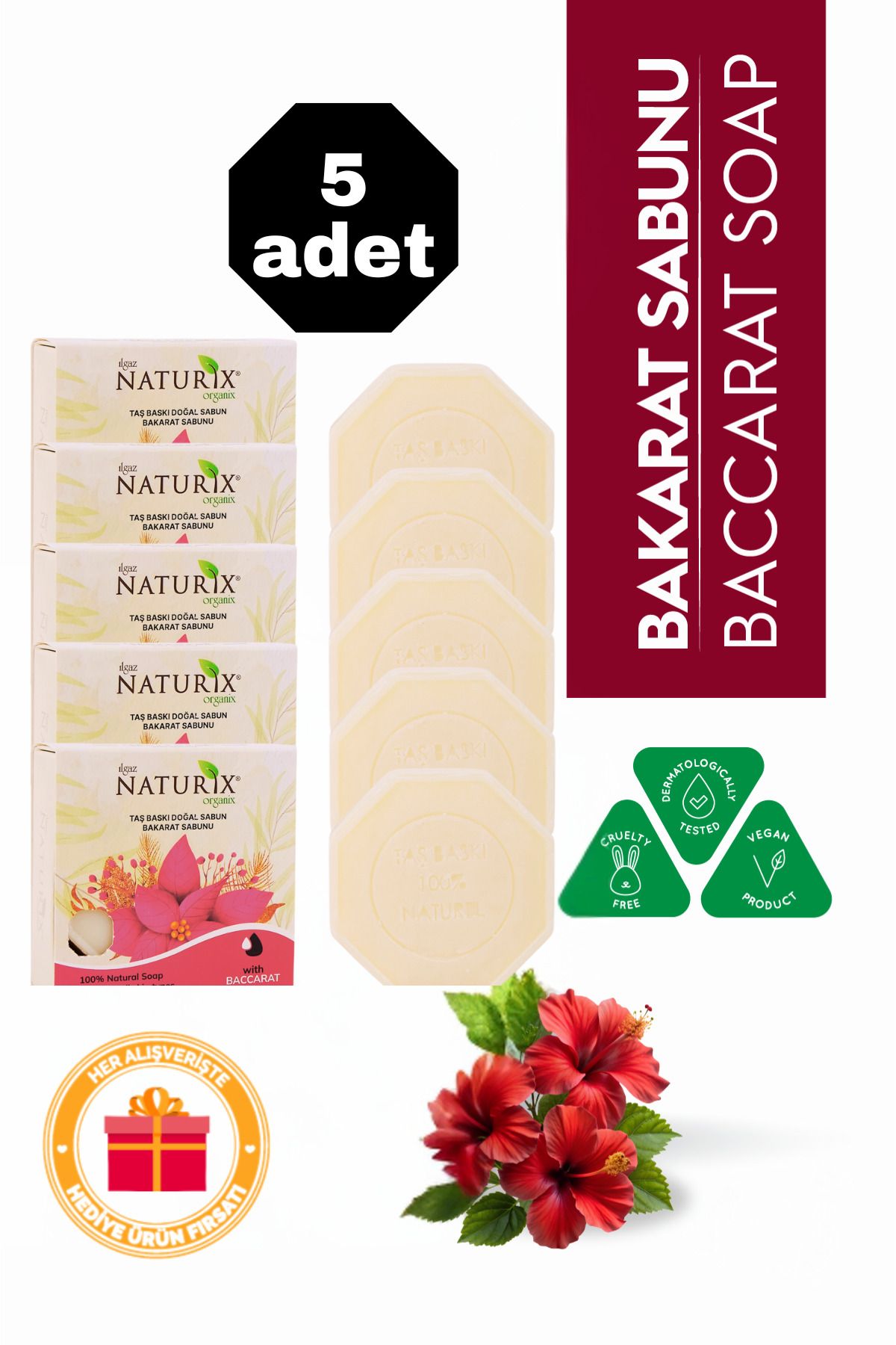 Naturix Bakarat Özlü Taş Sabun 5’li Eko Paket Nemlendirici ve Canlandırıcı Cilt Bakımı - 5x125 gr
