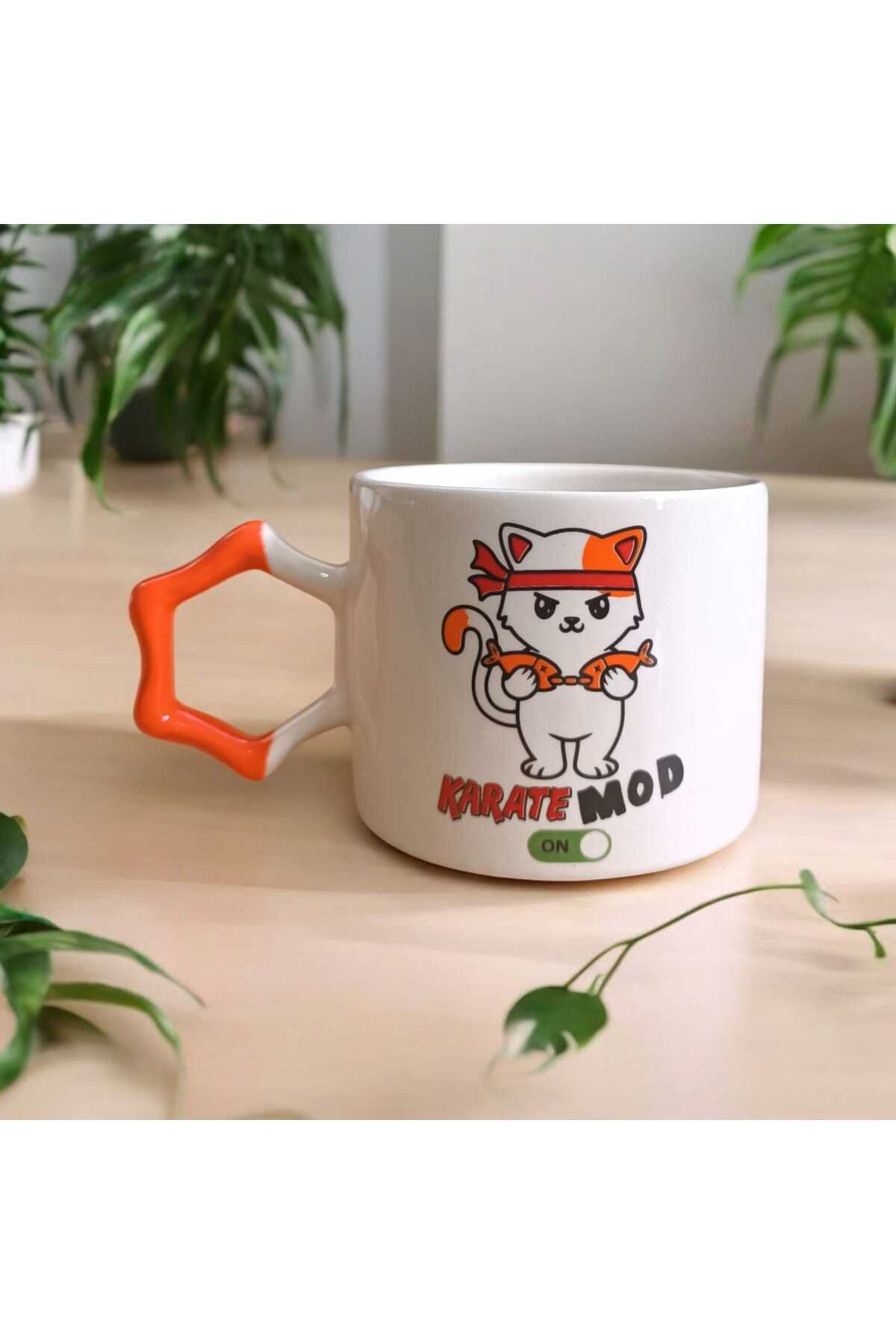 Simge Seramik Karate Mod Çift Taraf Baskılı Yıldız Kulplu El Yapımı Doğal Seramik Mug Kupa Çay Cappuccino Fincanı