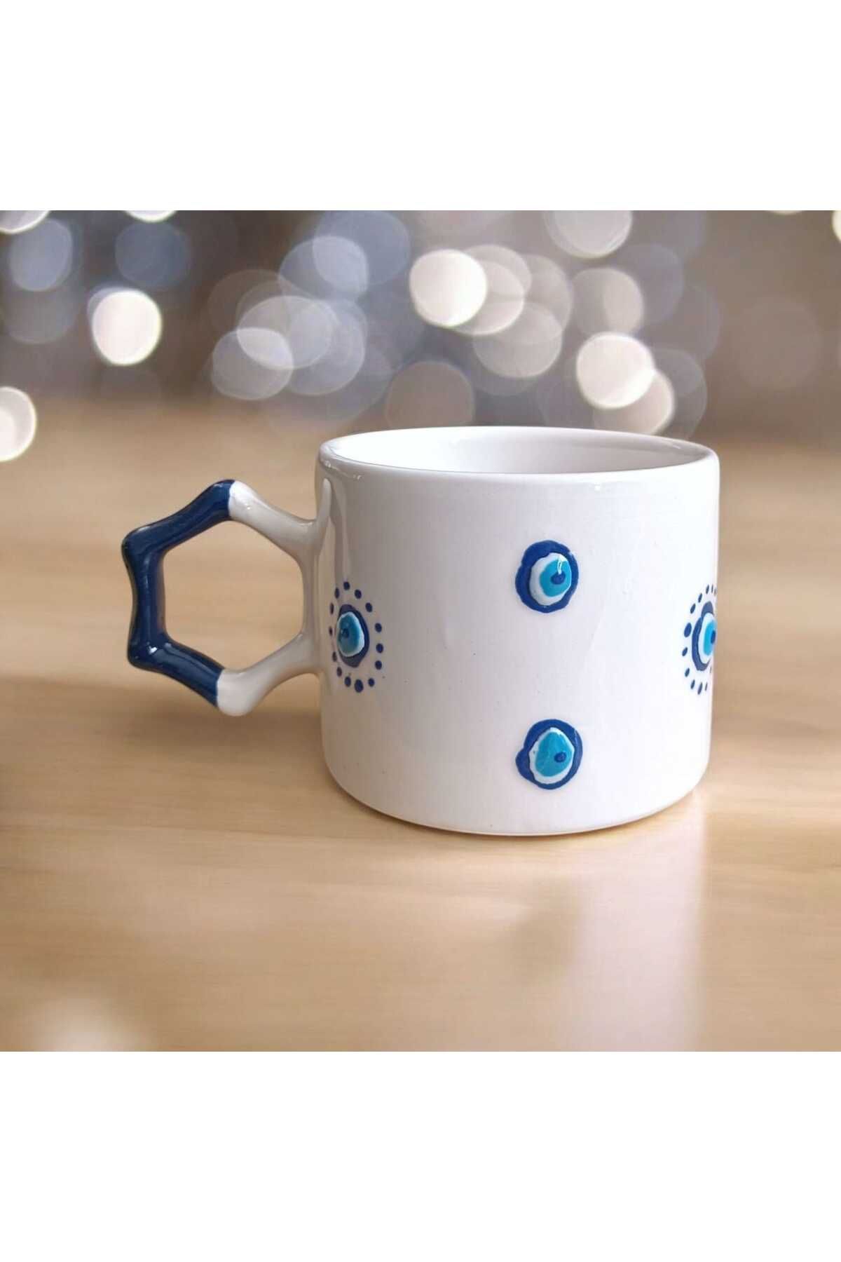 Simge Seramik El İşi Nazar Boncuğu İşlemeli Yıldız Kulplu El Yapımı Doğal Seramik Mug Kupa Çay Cappuccino Fincanı