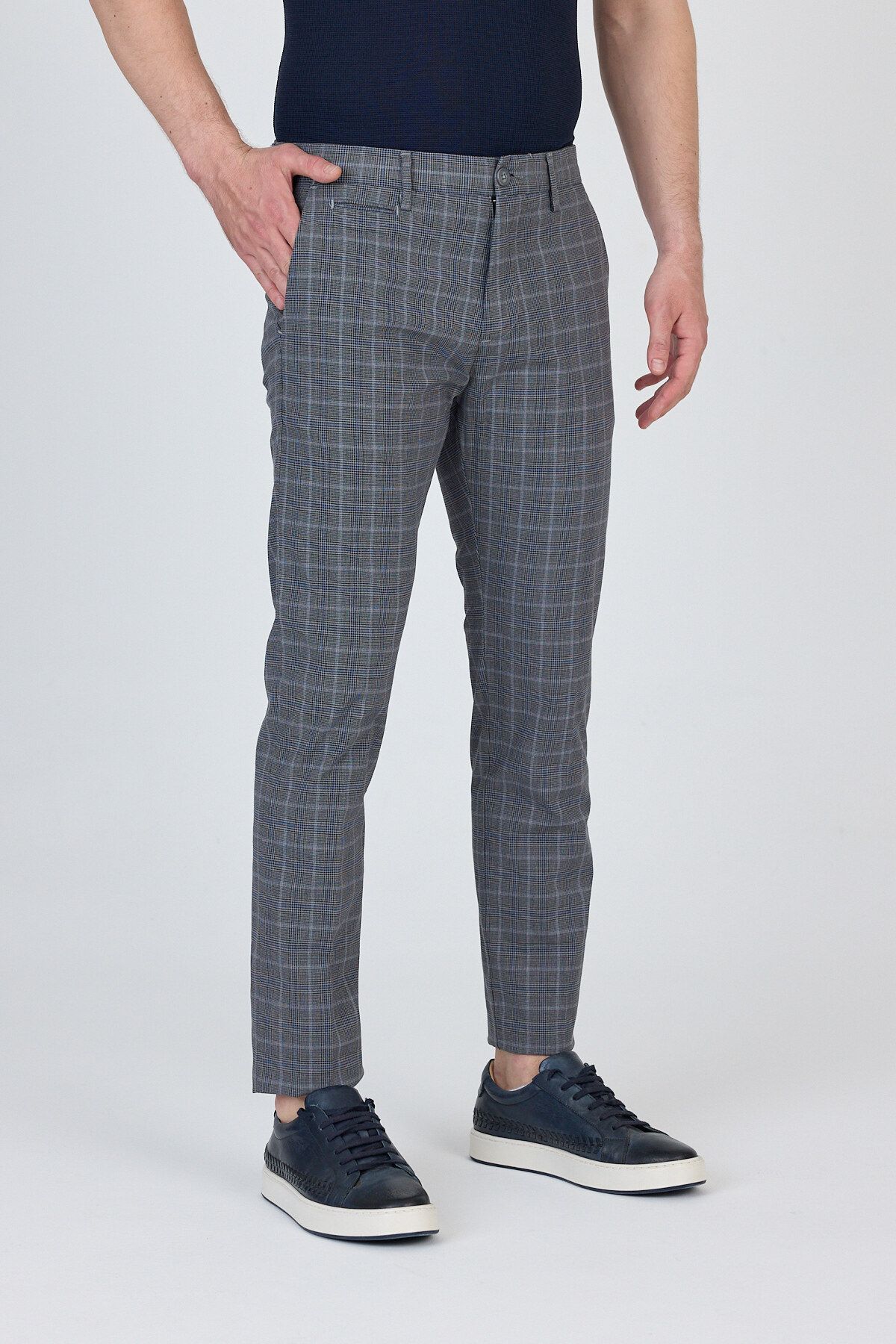 Frappoli Ecmio Erkek Navy Ekose Keten Görünümlü İnce İlkbahar-Yaz Slim Fit Pantalon