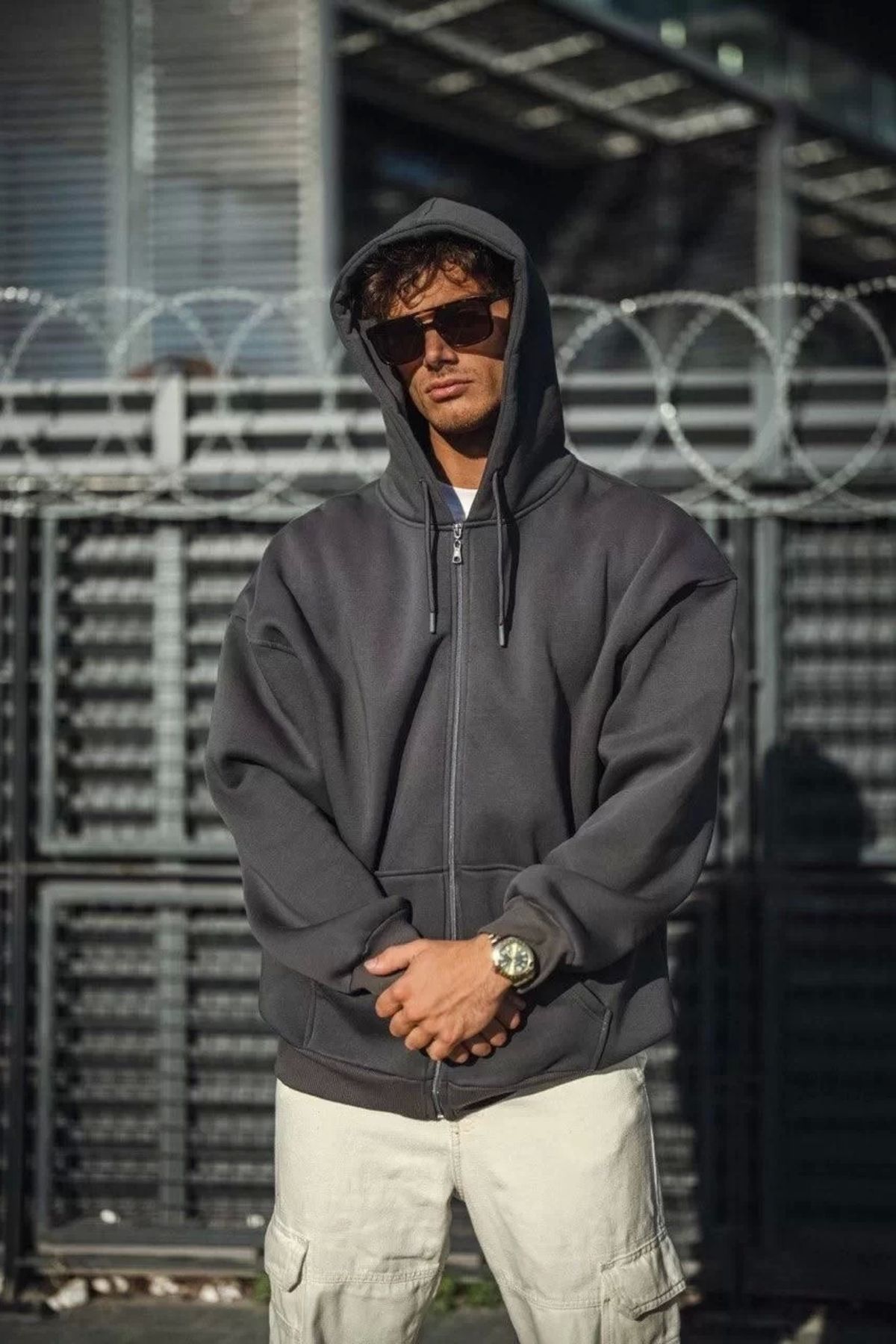 Robahood Oversize Tam Fermuarlı Uzun Kol Hırka - Füme