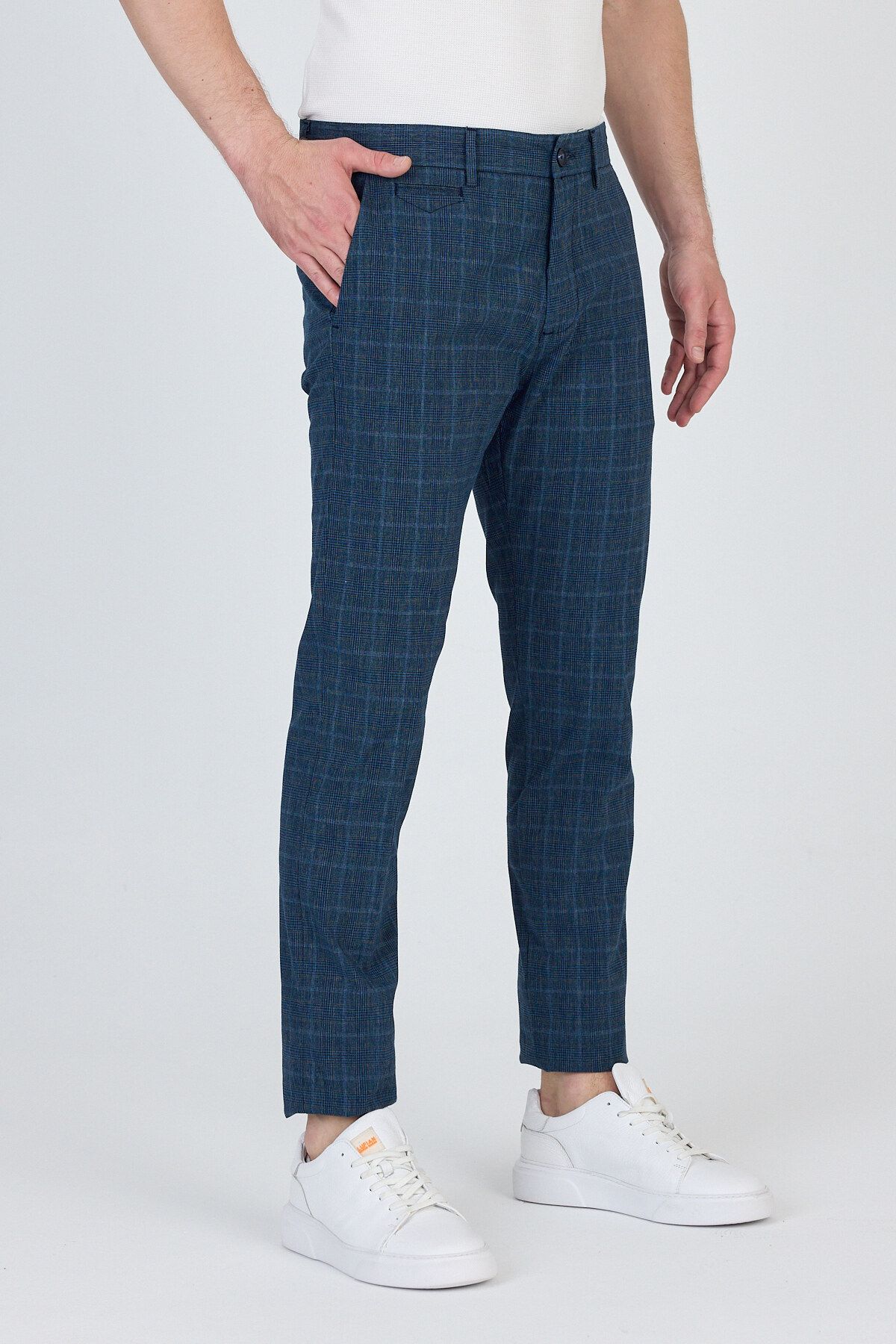 Frappoli Ecmio Erkek Lacivert Ekose Keten Görünümlü İnce İlkbahar-Yaz Slim Fit Pantalon