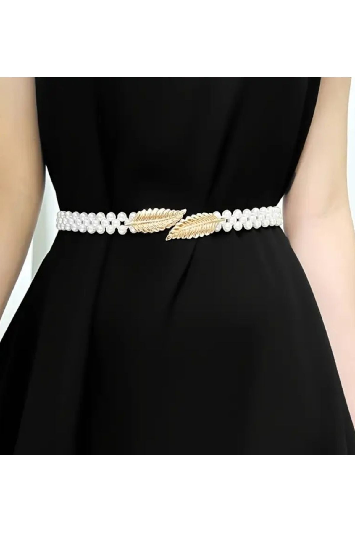 Modaadresiniz Moda Kadın İncili Elastik Bel Yaprak Tasarım Gold Elbise Bel Kemeri