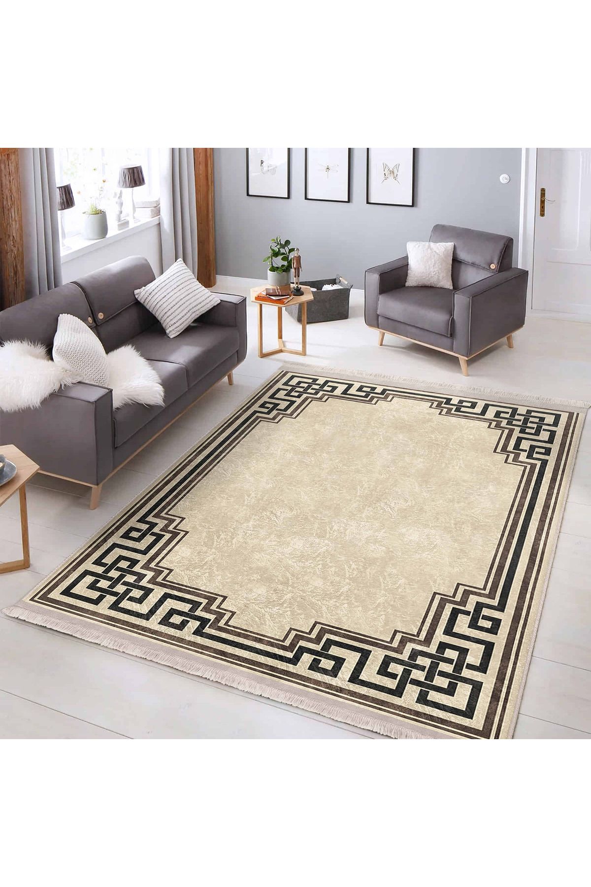 Realhomes Krem Zeminde Geometrik Desenli Modern Salon Halısı | Yıkanabilir Kaymaz Tabanlı Halı