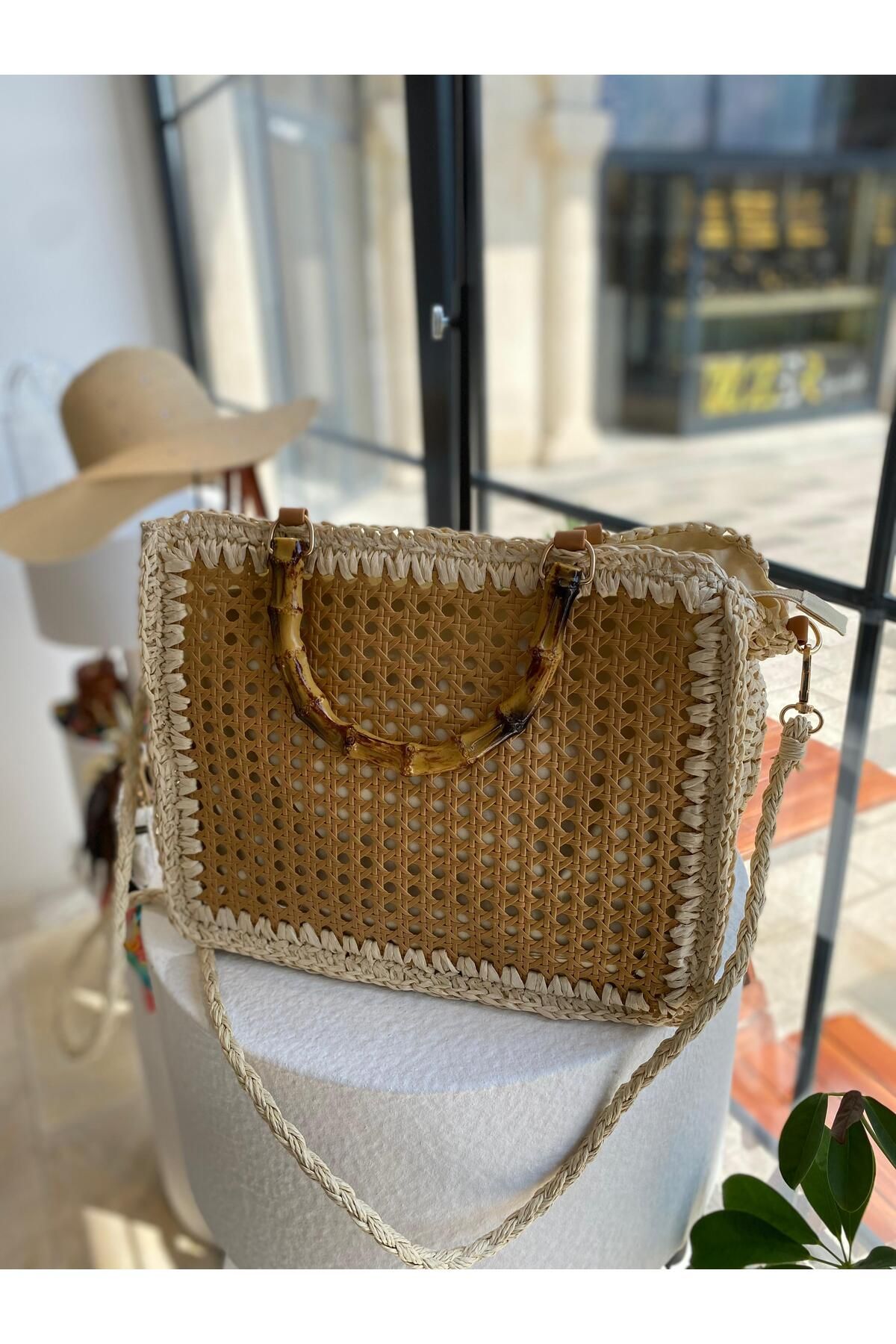 ZeynepKeskinDesign Kadın Hasır Çanta, Kadın Rattan omuz Çantası, Hazeranlı El ve Omuz Çantası, Plaj çantası