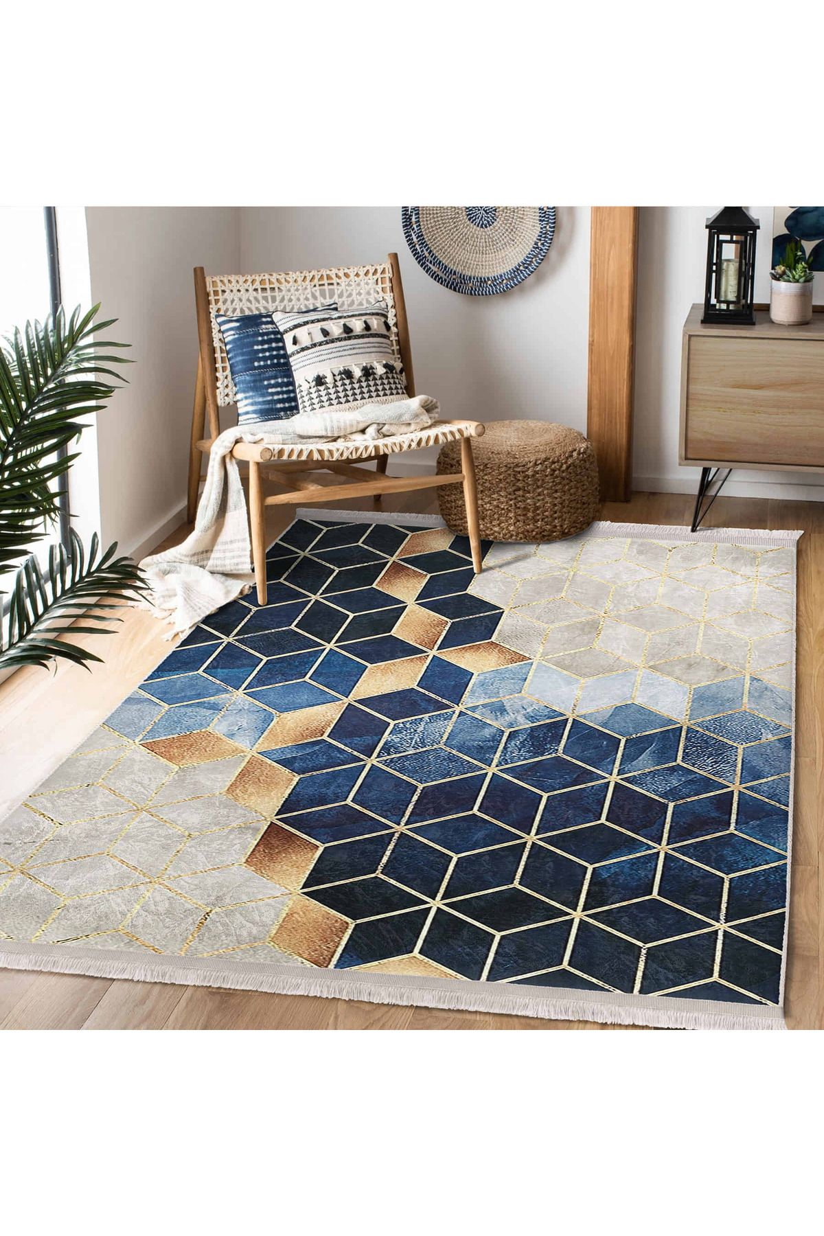 Realhomes Mavi ve Altın Geometrik Desenli Modern Salon Halısı - Yıkanabilir Kaymaz Tabanlı Dikdörtgen Halı