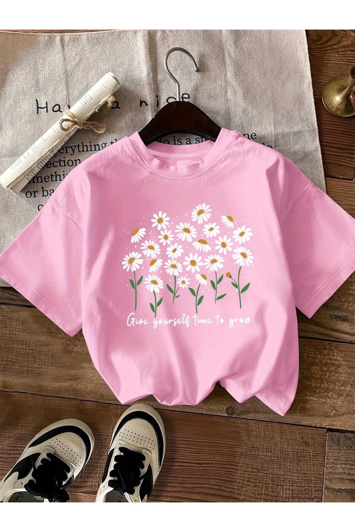PALPİTO Kadın Pembe Papatya Bahçesi Baskılı Oversize T-Shirt