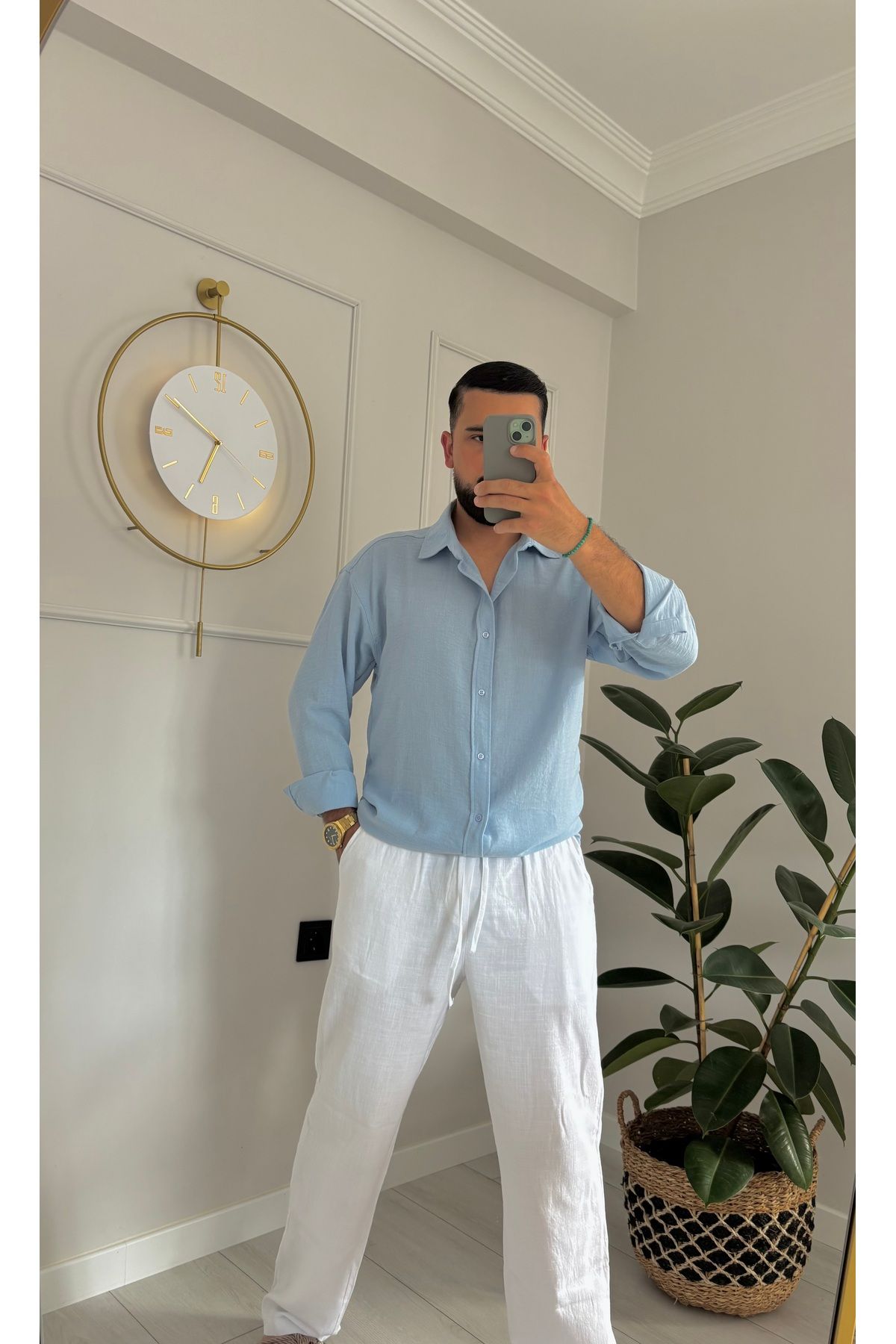 ONUR ERBİL MODA Erkek Buz Mavi Keten Gömlek - Rahat Günlük Giyim