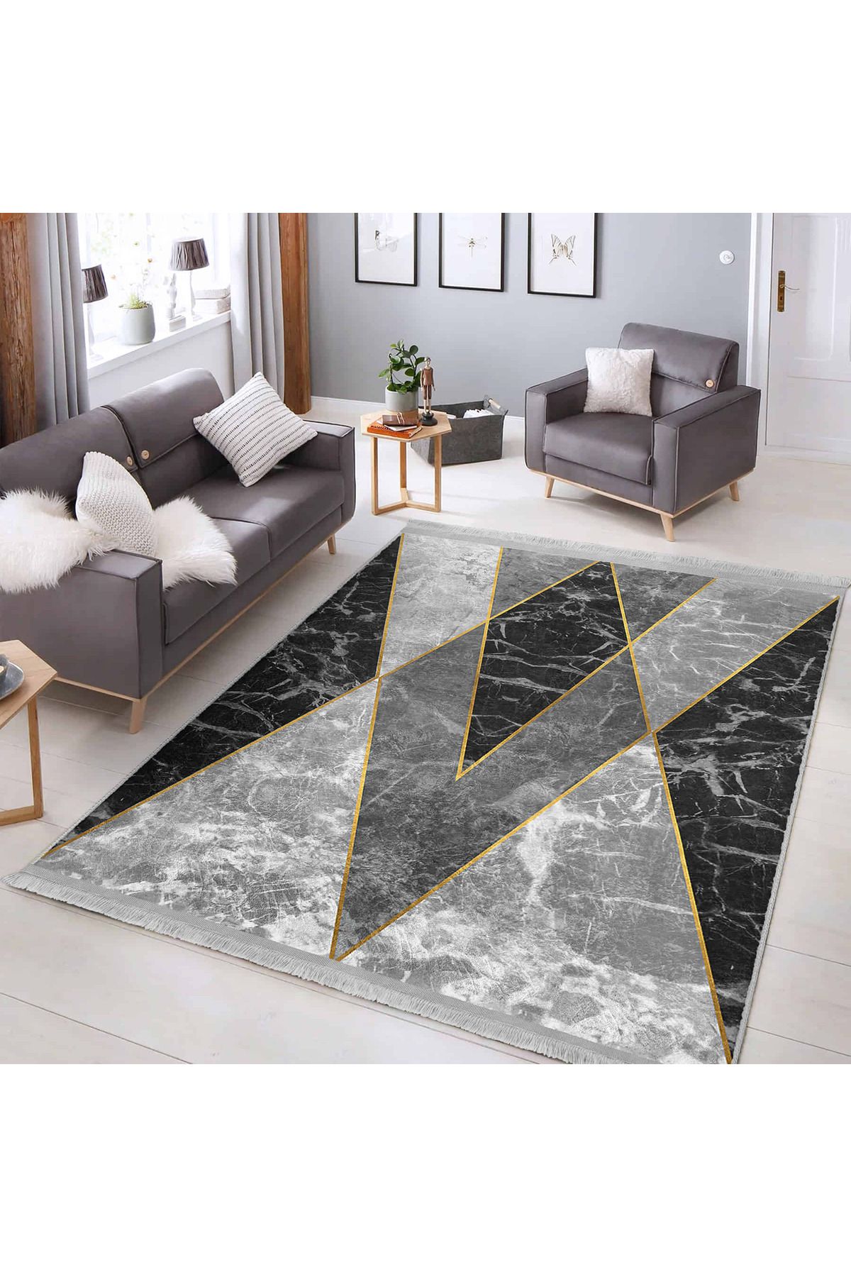 Realhomes Şık Gri - Siyah Desenli Modern Salon Halısı | Kaymaz Tabanlı Makinede Yıkanabilir 3D Dijital Baskı