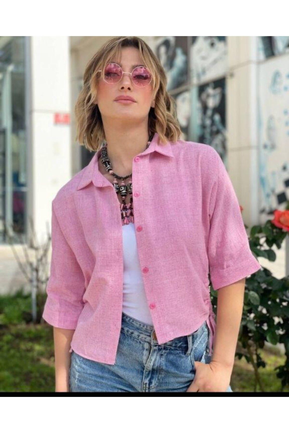Butik Pembe Renk Crop Model Keten Kumaş Gömlek
