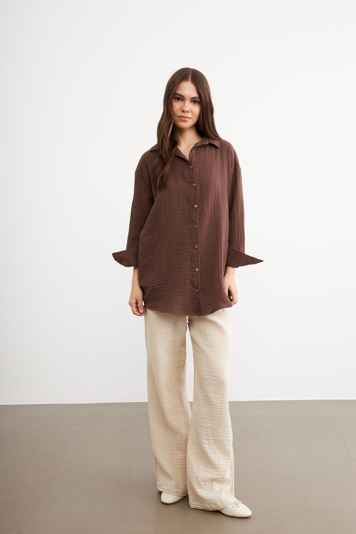 Yefrastore Oversize Basic Müslin Gömlek ACI KAHVE