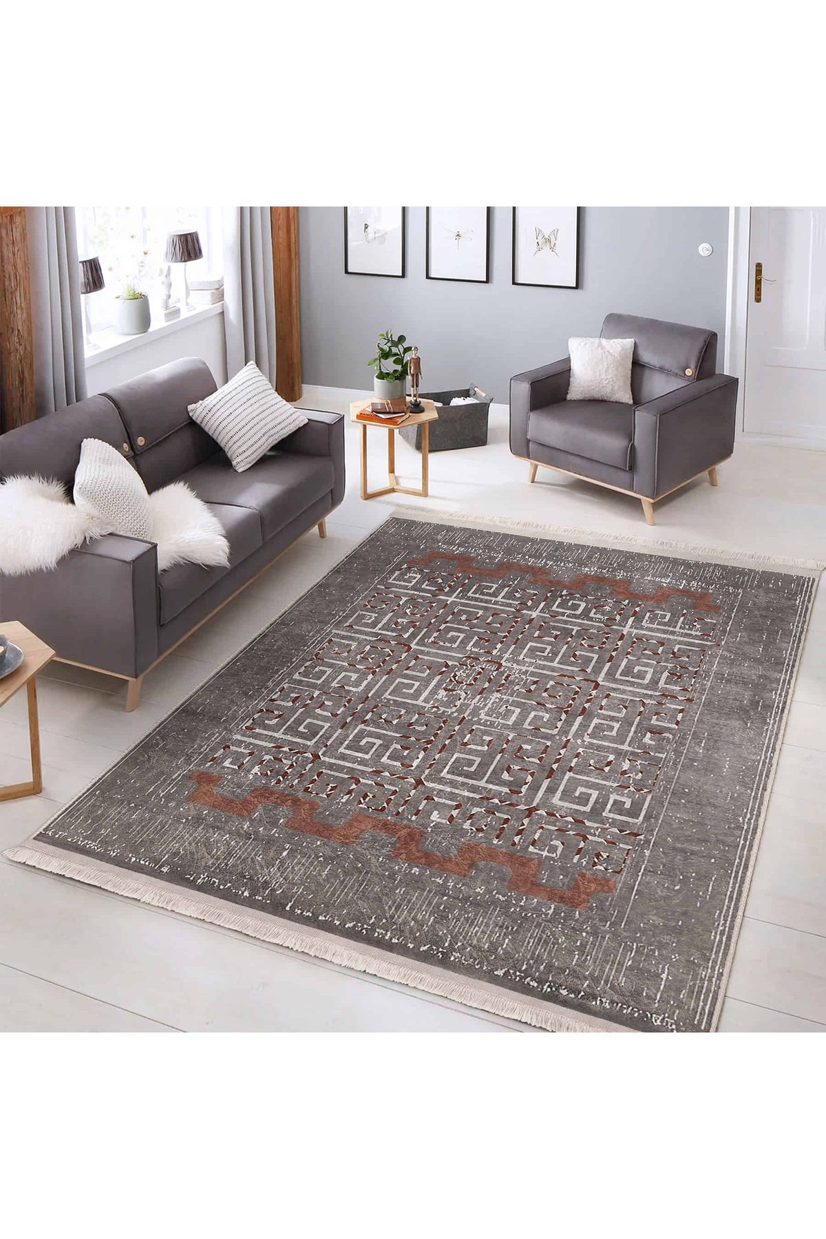 Realhomes Krem & Gri Fon Motifli Geometrik Desenli Salon ve Oturma Odası İçin Yıkanabilir Kaymaz Taban Halı