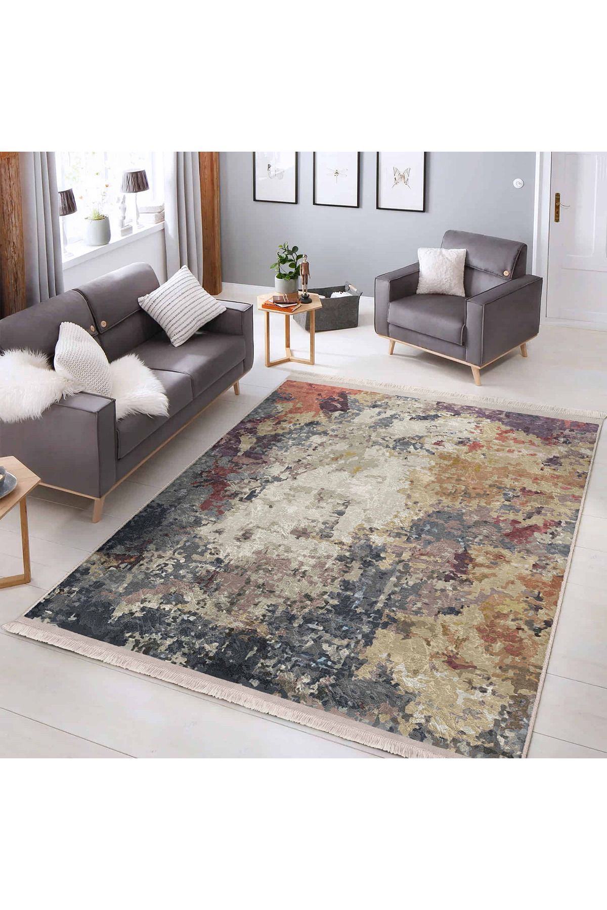 Realhomes Soyut Desenli Salon İçin Yıkanabilir Kaymaz Taban Halı – Modern Renk Paleti ile Dekoratif Dokuma