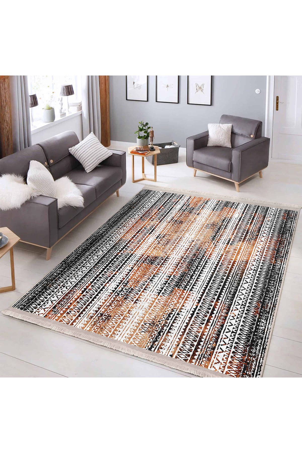 Realhomes Soyut Geometrik Desenli Modern Salon Halısı – Makinede Yıkanabilir Kaymaz Tabanlı Dikdörtgen Halı