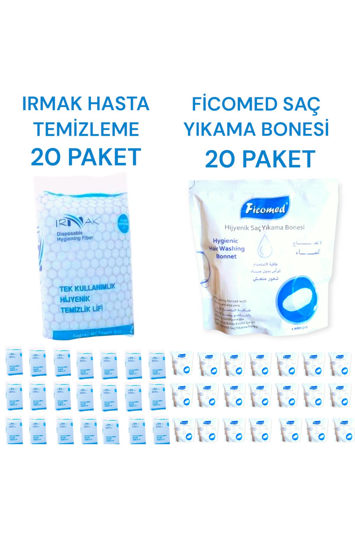 Ficomed Hasta Banyo Temizlik Seti / Ficomed Saç Yıkama Bonesi / Irmak Hasta Temizleme Lifi ( 40 PAKET )