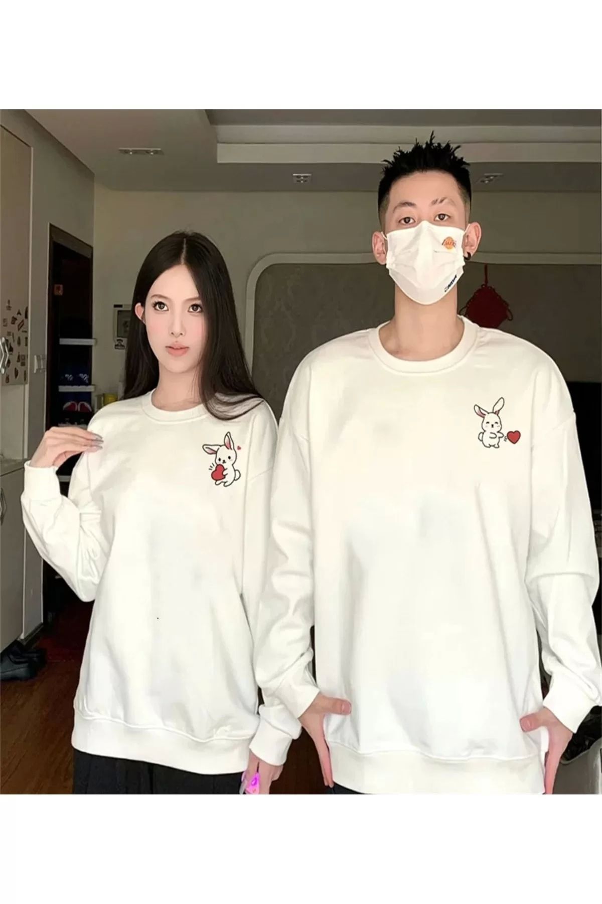 Robahood Tavşan Baskılı Sevgili Çift Kombini Kapüşonlu Sweatshirt & Hodie - Beyaz