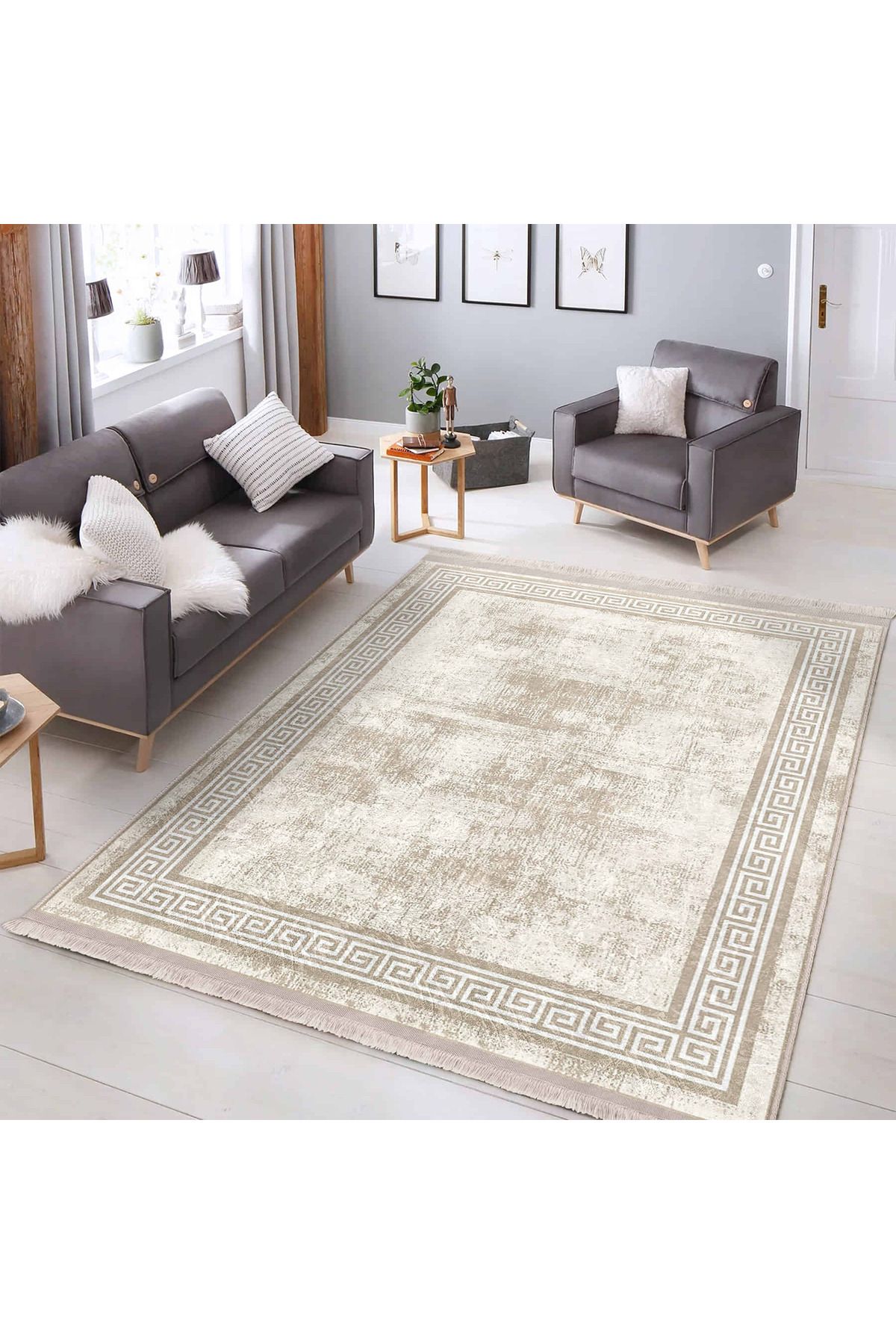 Realhomes Krem – Bej Zemin Üzerinde Modern Desenli Salon Halısı | Yıkanabilir Kaymaz Tabanlı Halı