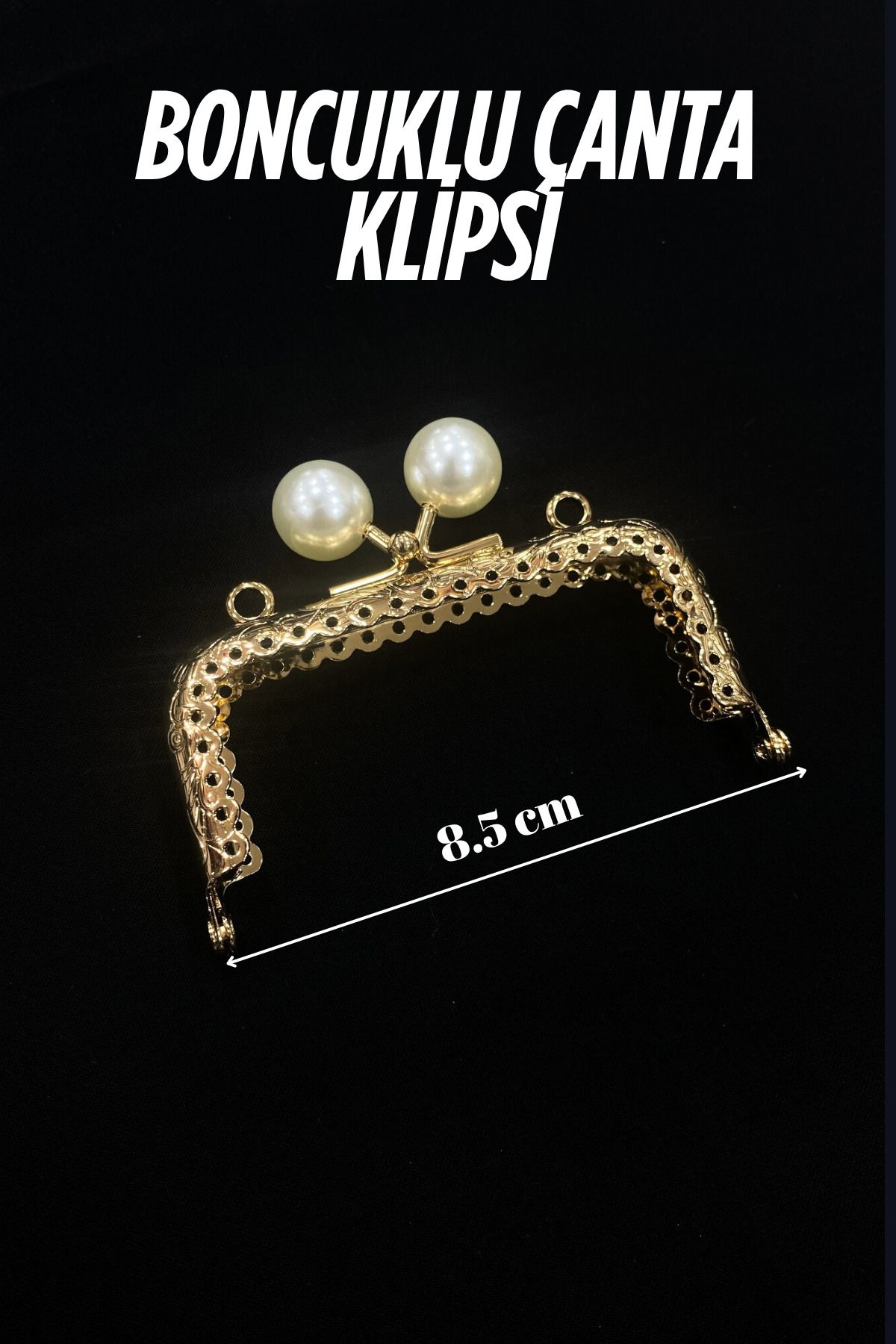 Kardelux Boncuklu Metal Dikdörtgen Çanta Klipsi-Bursu- Sapı 8.5 cm