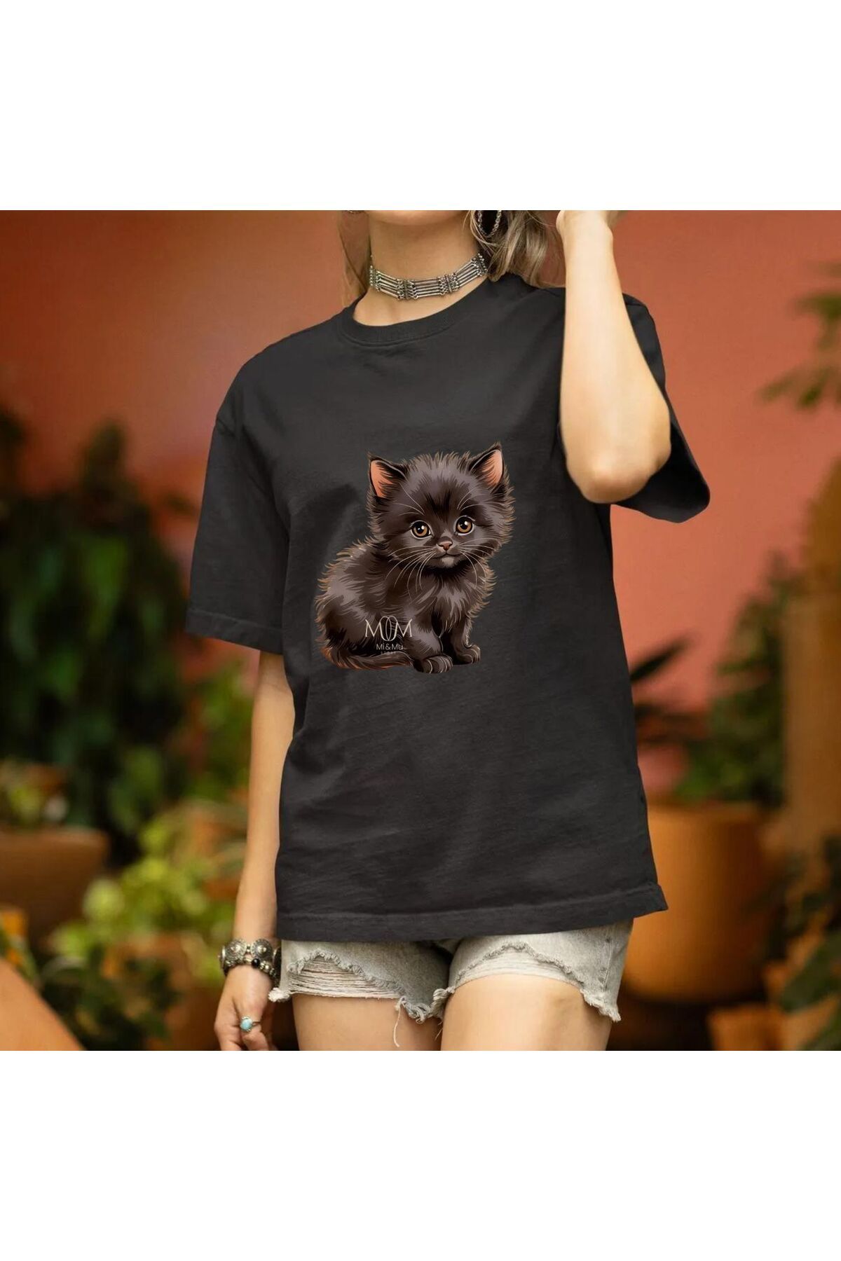 Mi&Mu Store Süprem Unisex T-Shirt Bisiklet Yaka Kara Kedicik Baskılı Regular Pamuk Basic T-Shirt
